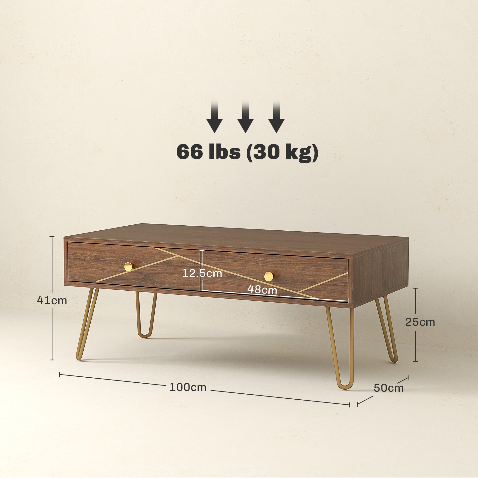Rectangular Coffee Table with Storage Drawers 100x50x41 cm Steel Base - Brown