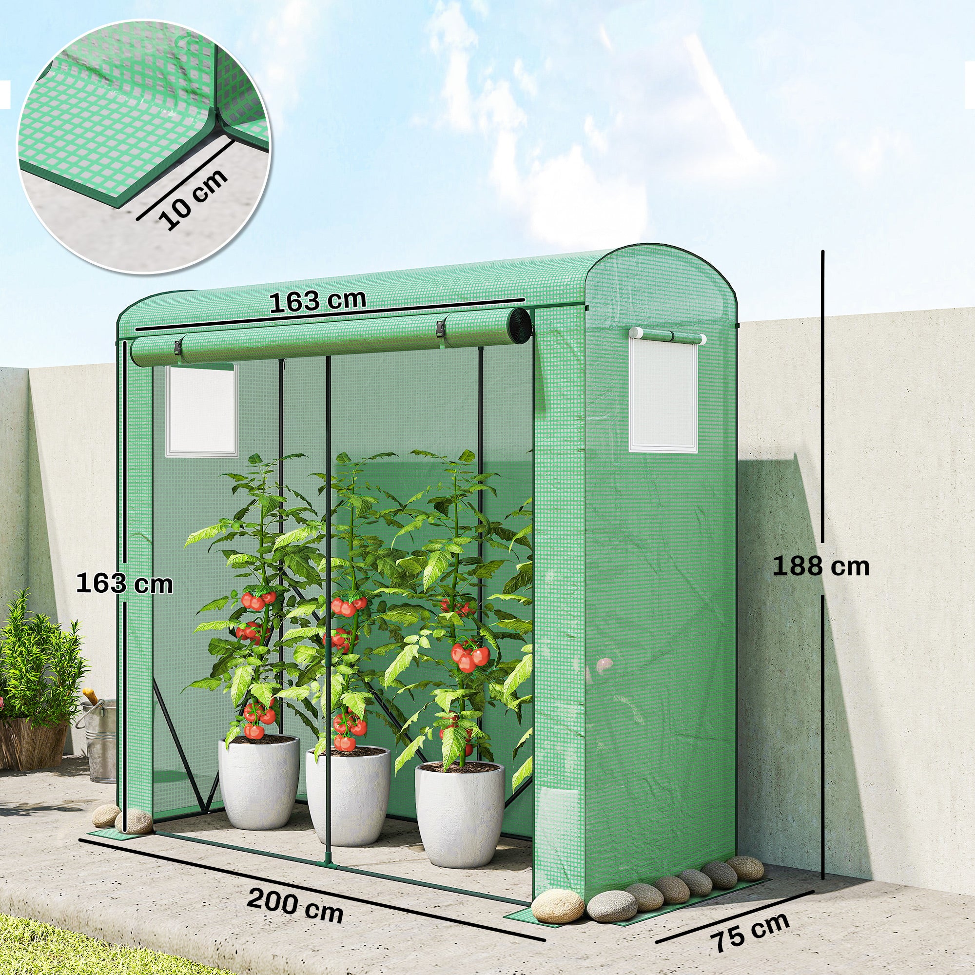 Mini Greenhouse, Garden Tomato Growhouse with Roll-Up Door and 2 Mesh Windows, PE Cover, 200 x 75 x 188 cm, Green