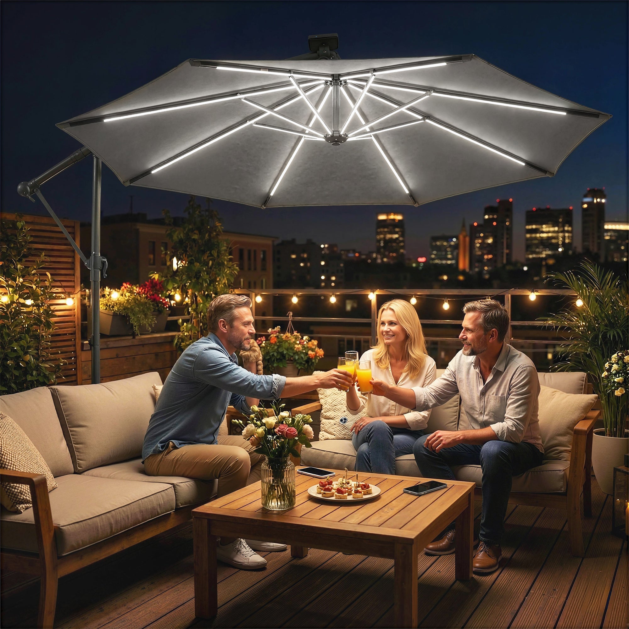3 m Garden Cantilever Parasol with LED Solar Light, Round Overhanging Umbrella with 360° Rotation, Cover, Grey