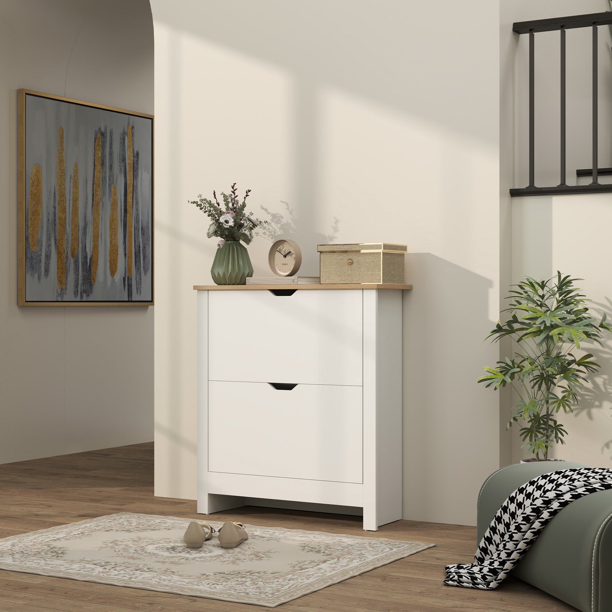 Slim Shoe Cabinet, Narrow Shoe Cupboard with 2 Flip Drawers, Adjustable Shelves for 12 Pairs of Shoes, High Gloss White