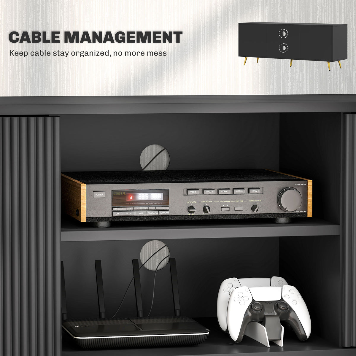 Modern TV Stand Cabinet for TVs up to 55" with 2 Shelves & 2 Cabinets, Cable Management - Black