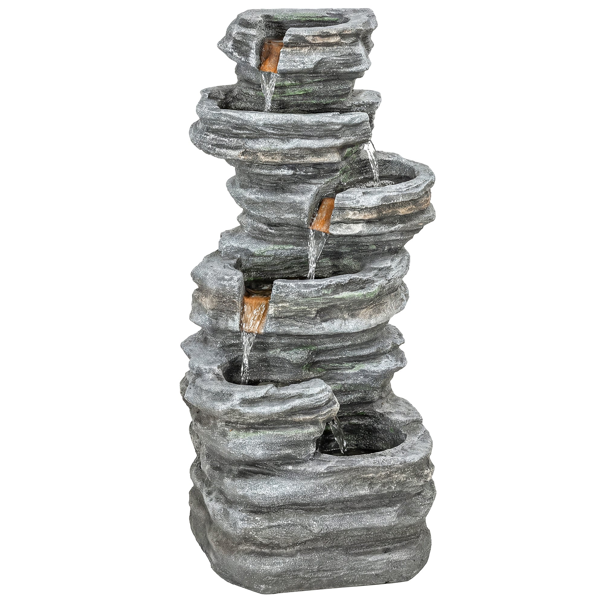 Outdoor Fountain, 6-Tier Cascading Waterfall Feature with LED Lights, Resin Freestanding Garden Fountain, Grey
