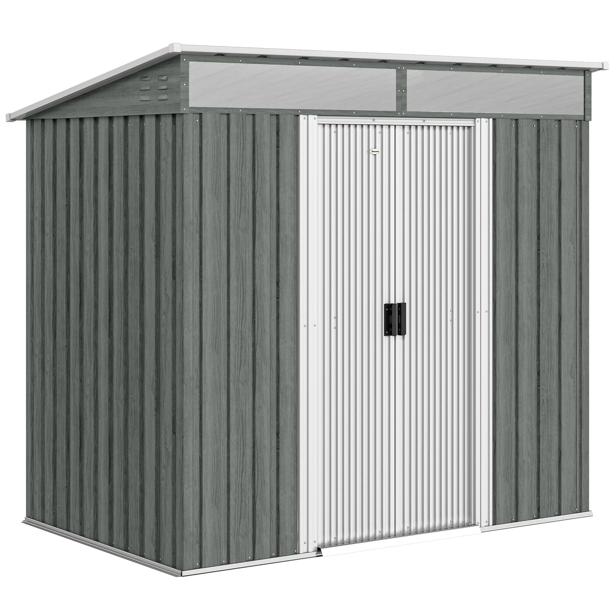 6.5 x 4FT Galvanised Metal Shed with Foundation Kit, Lockable Tool Garden Shed with Double Sliding Doors, Vents, Light Grey Wood Effect