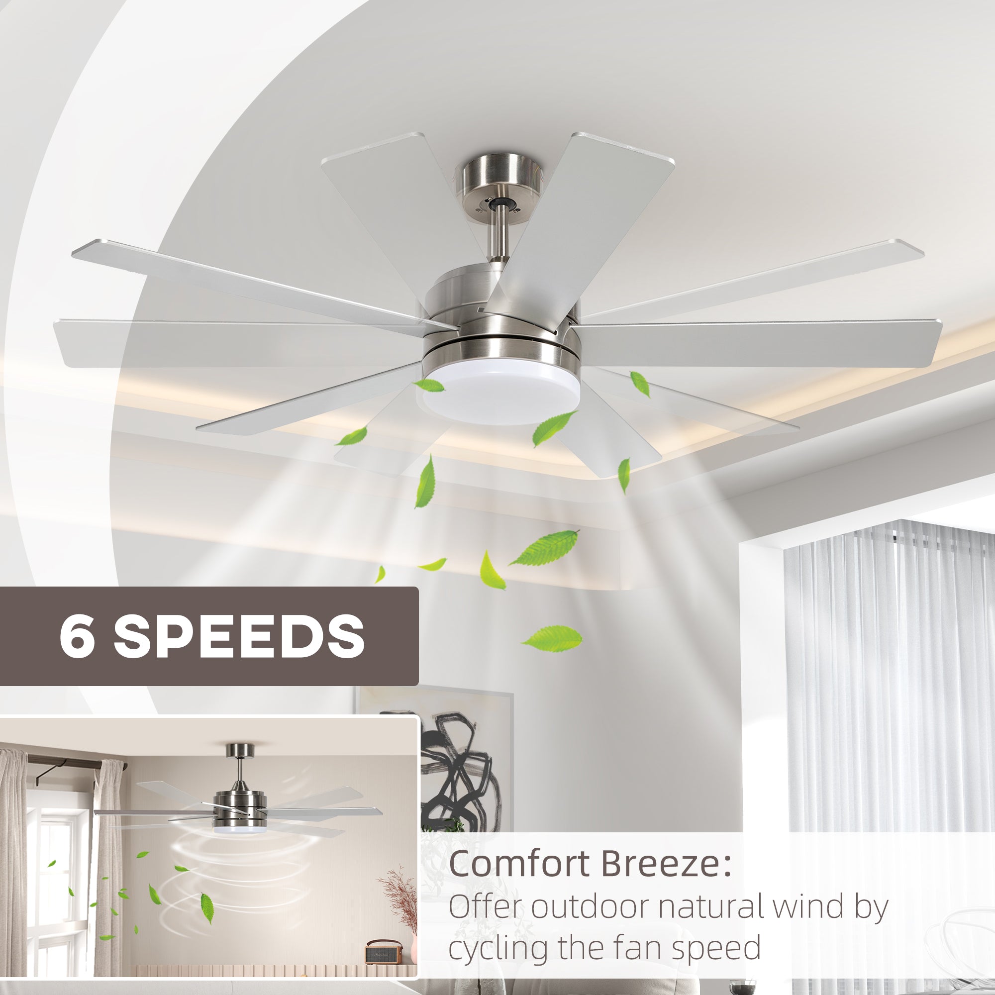 52" Ceiling Fans with Light and Remote, 132CM LED Ceiling Fan with 5 Blades, 5-Speed, Timer, Quiet Reversible DC Motor, for Bedroom, Living Room, Silver and Beech Wood-effect