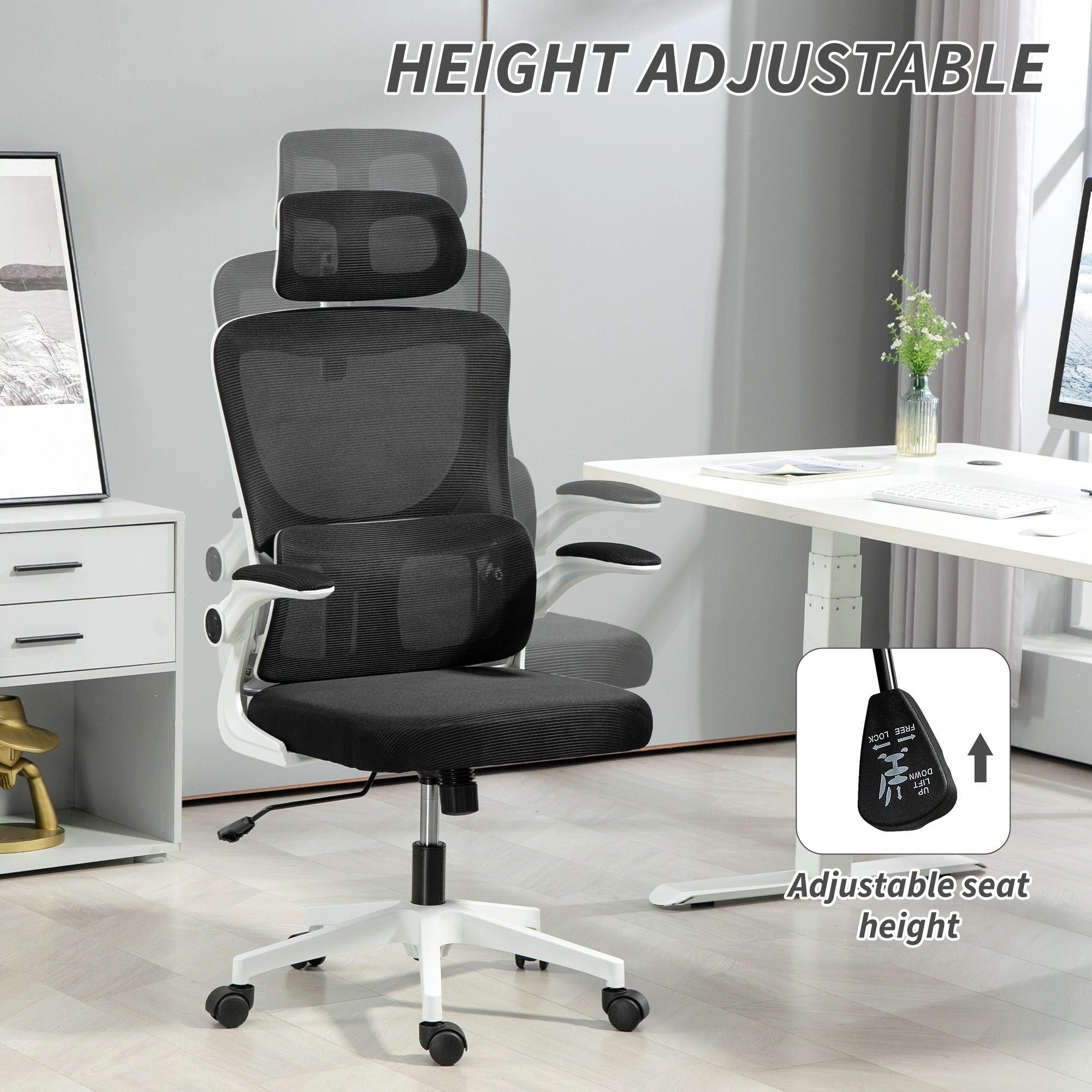 Ergonomic Office Chair, High Back Mesh Computer Desk Chair with Adjustable Headrest and Lumbar Support, Rotatable Armrests, Tilt Function for Home Office, Black