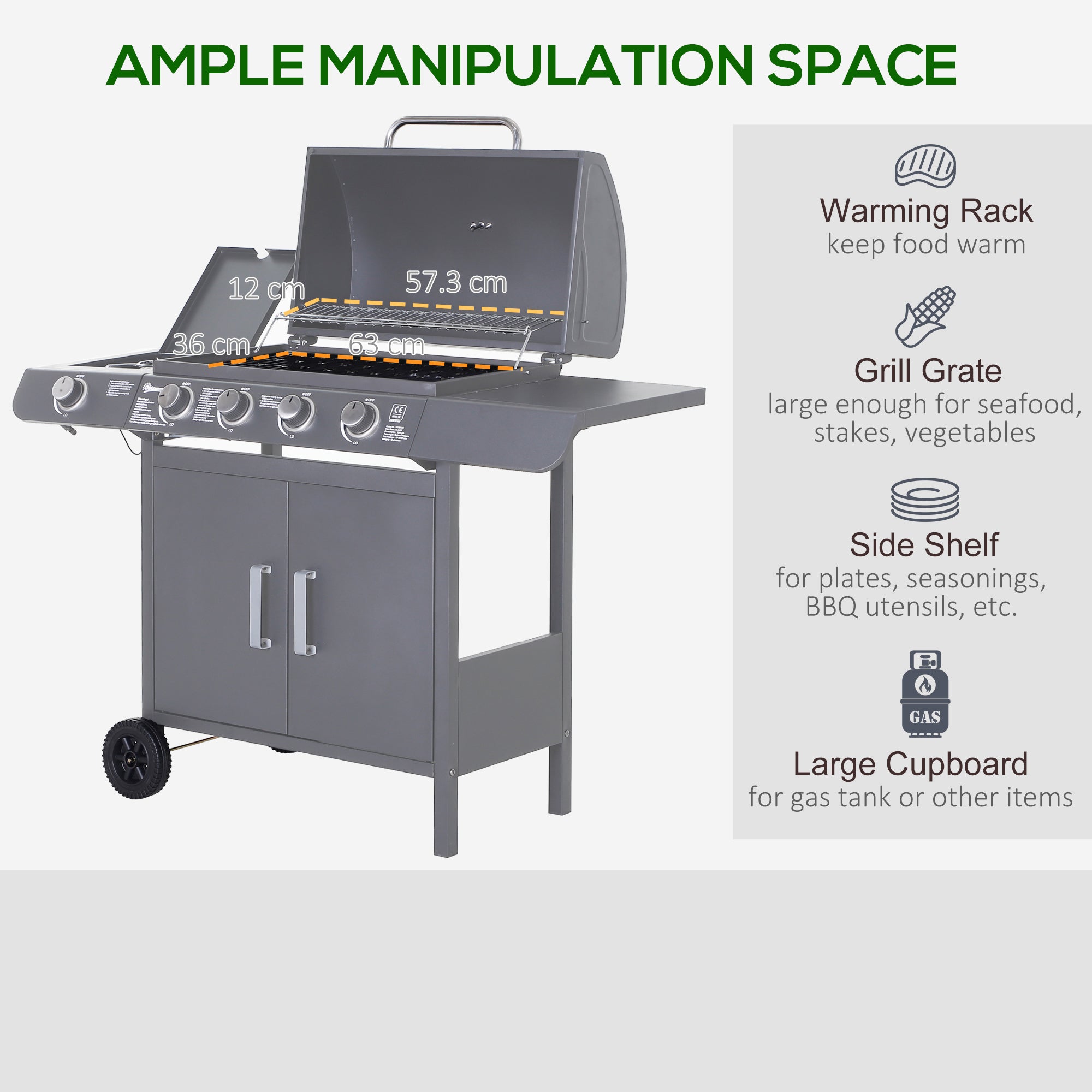 4+1 Burner Gas BBQ Grill Trolley with Wheels, Warming Rack, Side Shelves, Cabinet & Thermometer - Grey