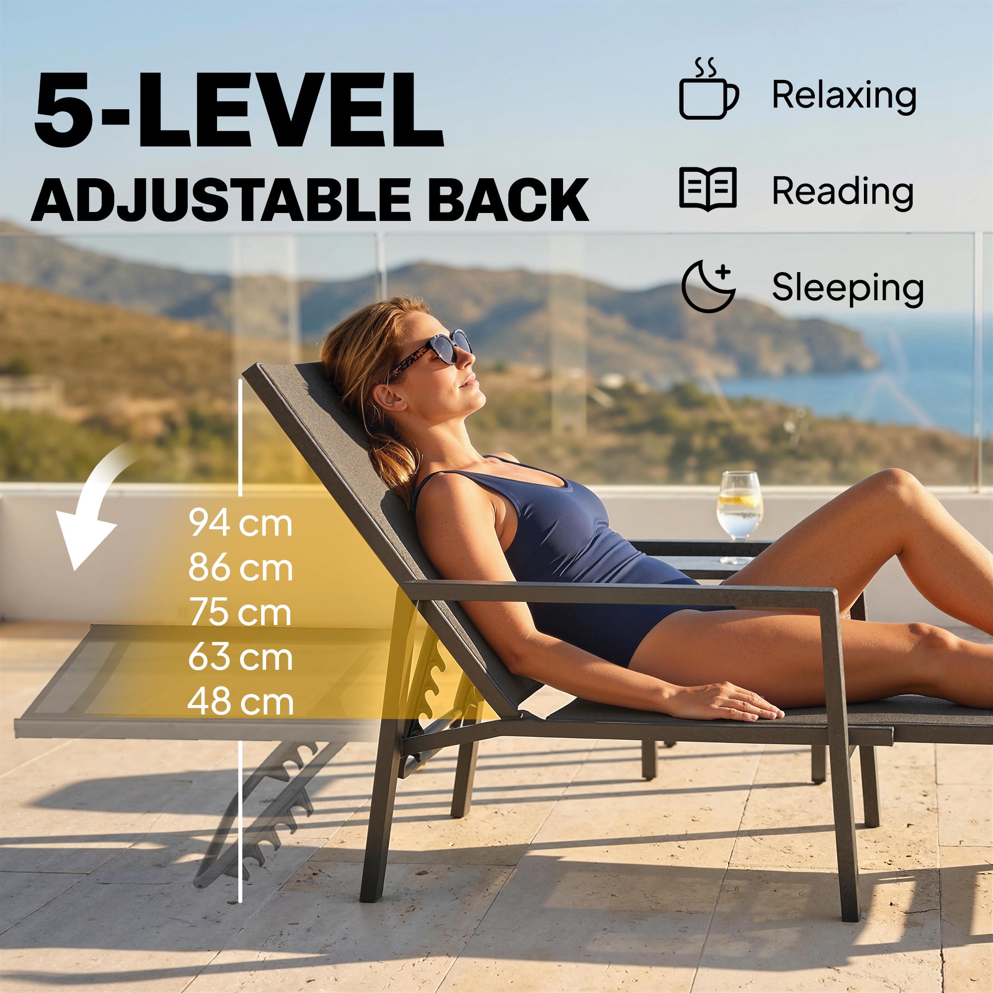 Sun Loungers Set of 2 Retractable Footrest 5-Position Adjustable Steel Frame for Beach, Porch, Patio, Camping, Black