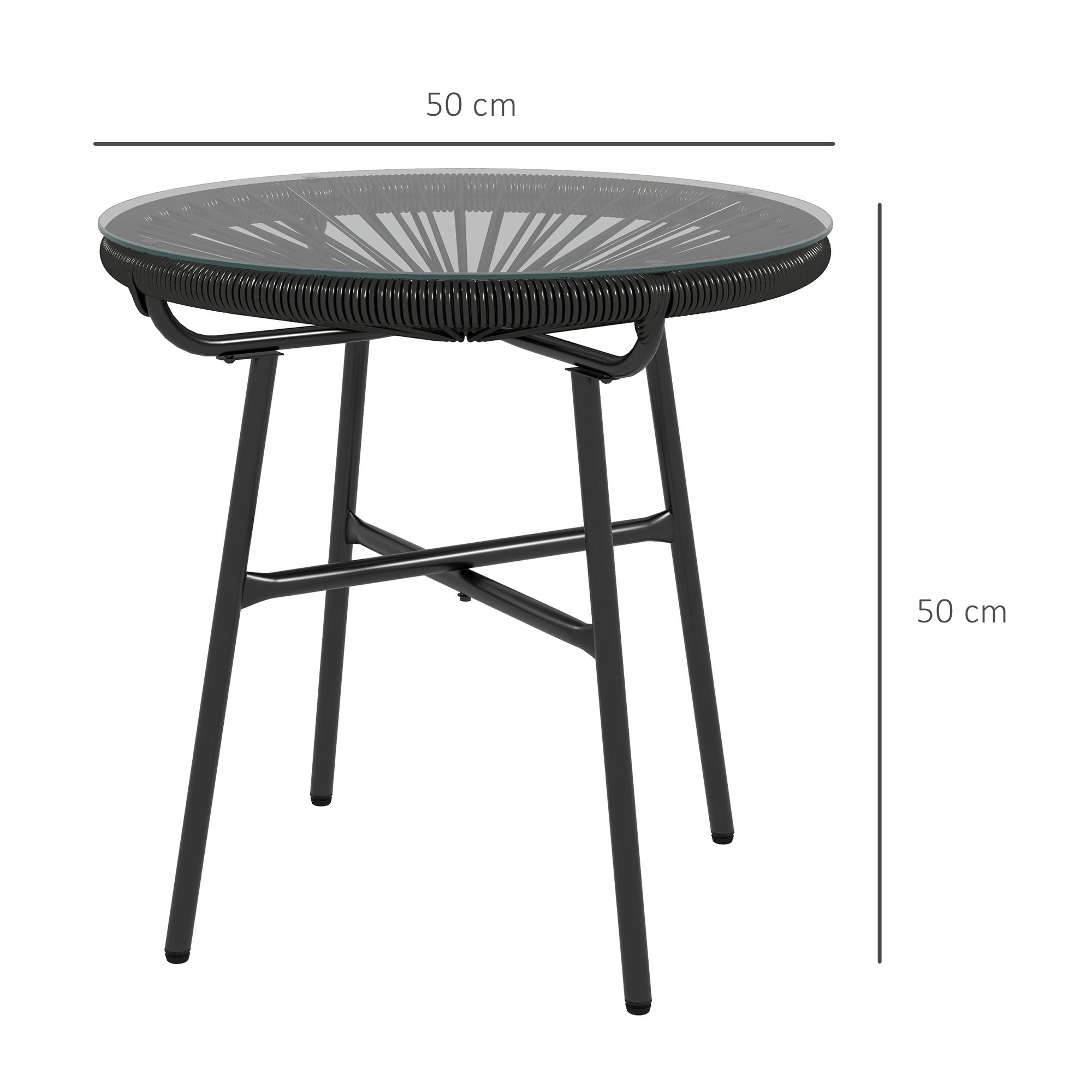 Rattan Side Table, Round Outdoor Coffee Table, with Round PE Rattan and Tempered Glass Tabletop for Patio, Garden, Balcony, Black