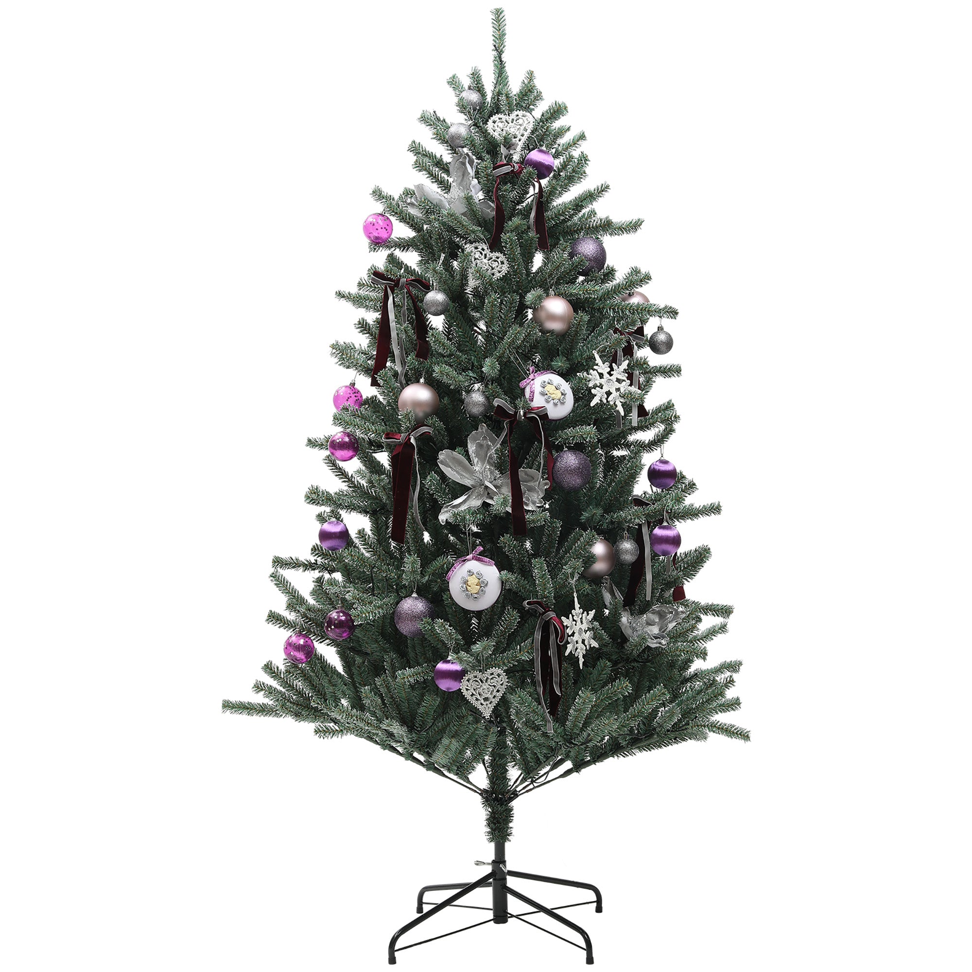 6ft Artificial Prelit Christmas Tree with Warm White LED Lights and 796 Tips, Metal Stand, Xmas Tree with Purple Ornaments for Home Office Holiday