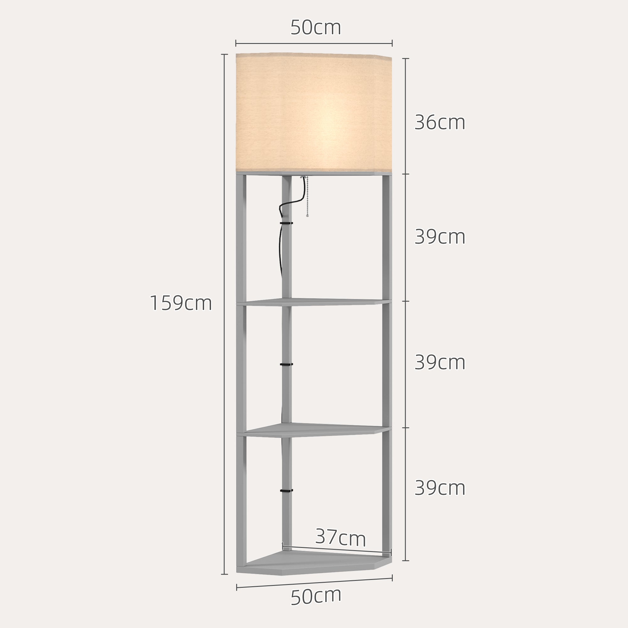 Corner Floor Lamp with Shelves, Tall Standing Lamps for Living Room, with Pull Chain Switch Bulb not Included, Grey