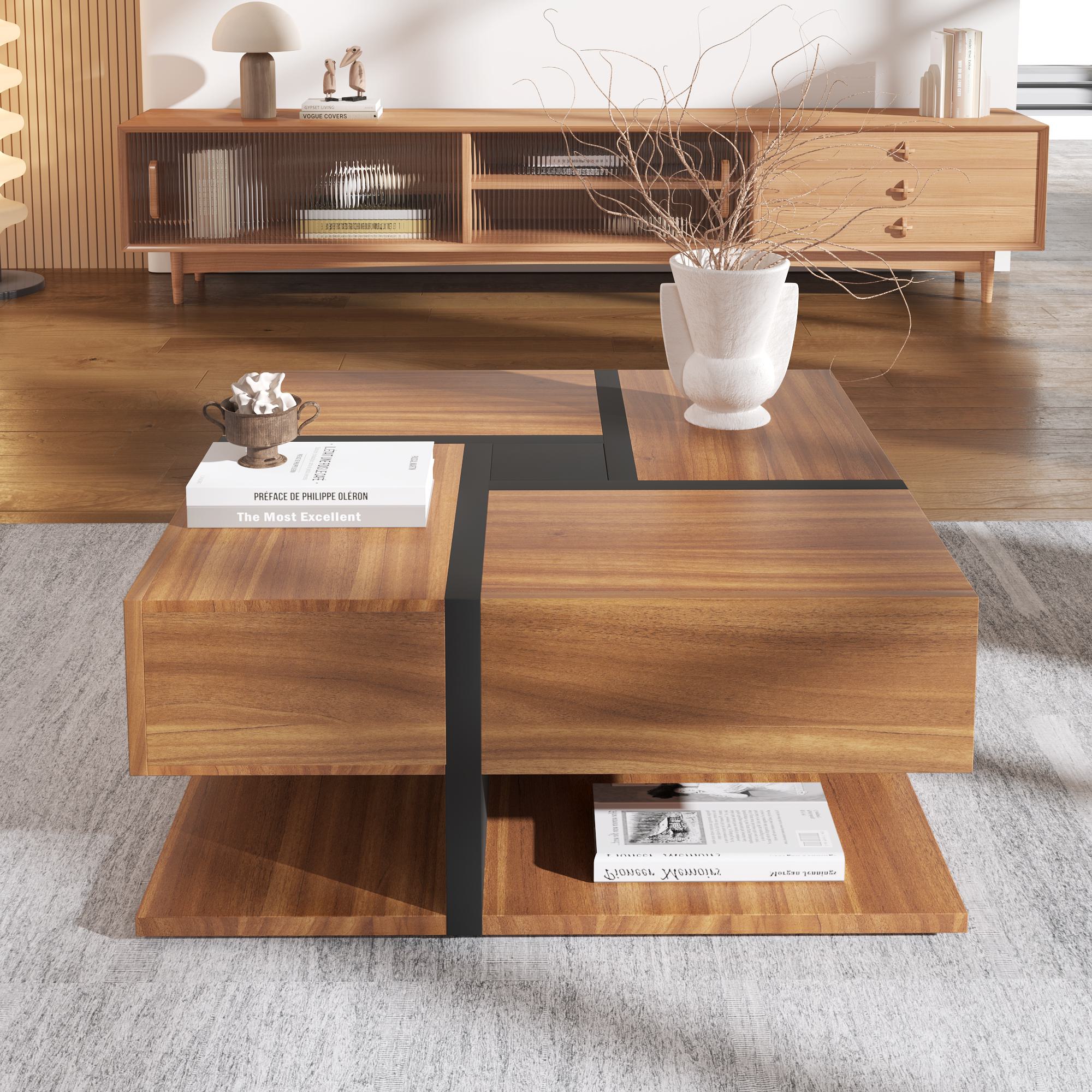 Square Coffee Table with 4 Drawers, Unique Pattern, Bottom Storage, 78L x 78W x 36H cm, Natural