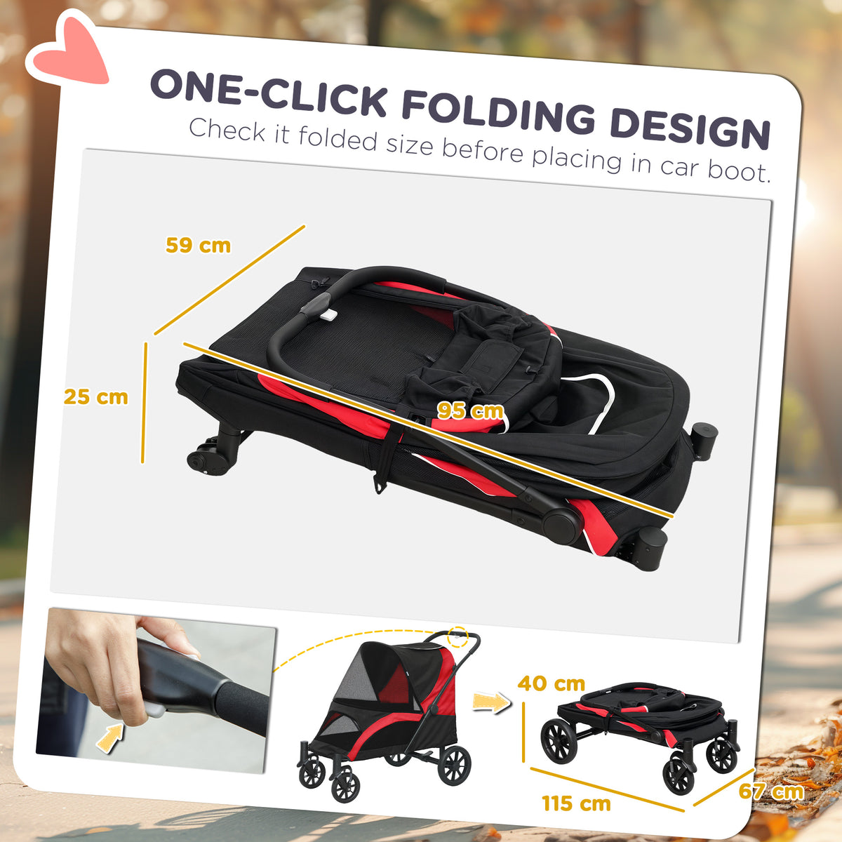 Easy Folding Large Dog Pet Stroller with Shock Absorb Wheels, Safety Leashes & Brakes - Black