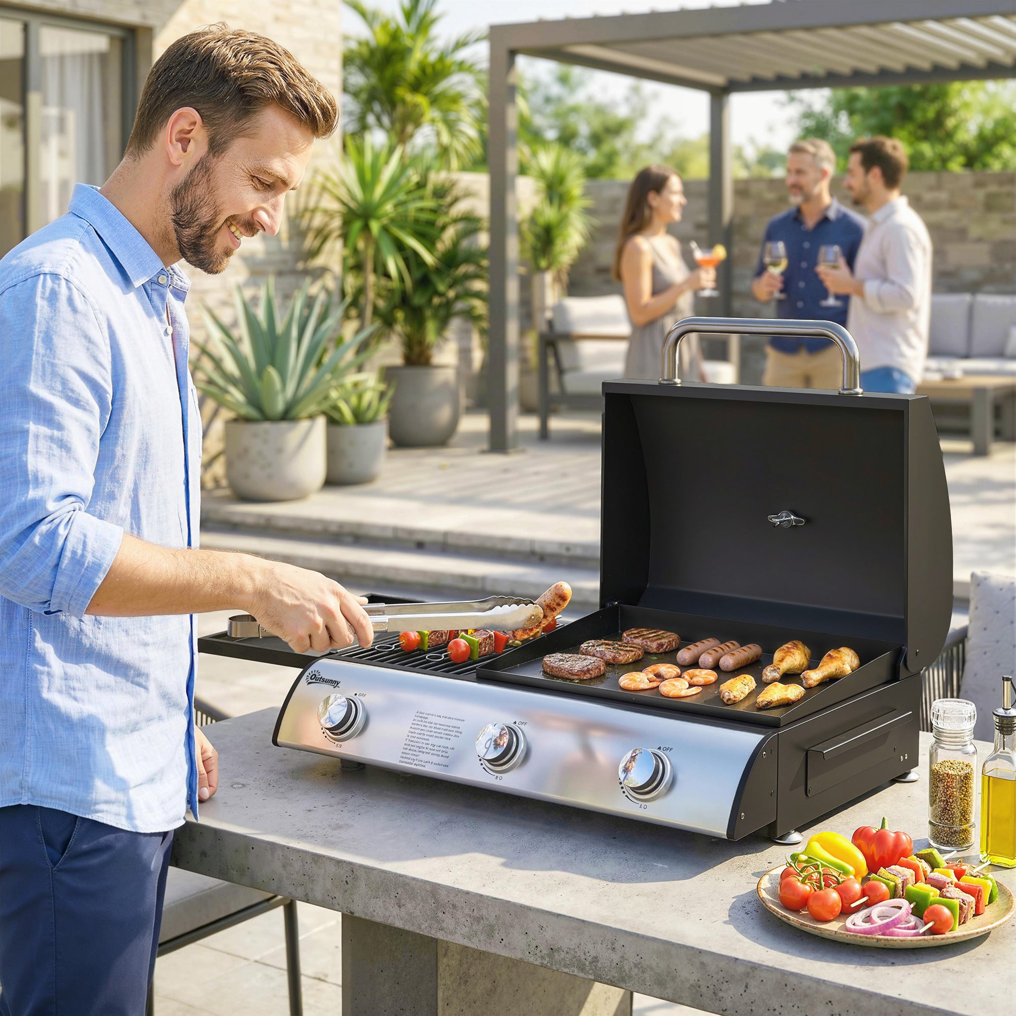 3 Burner Portable Gas Plancha BBQ Grill, 7.5 kW Outdoor Tabletop Gas Barbecue Grill with Griddle, Thermometer,, Black