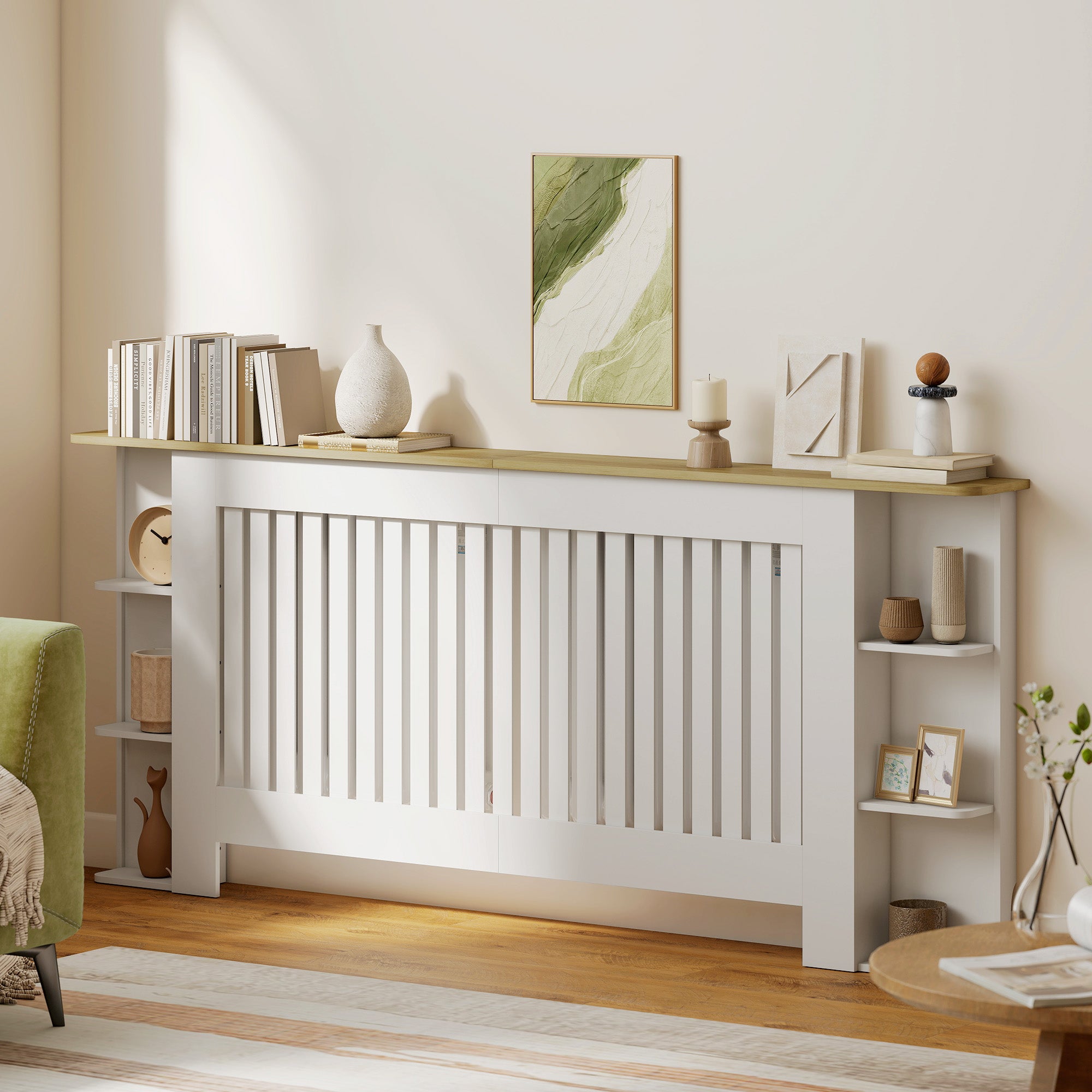 Radiator Cover with Open Storage Shelves, Vertical Slatted Cabinet Shelf Heater Cover for Living Room, Hallway, Extra Large, White