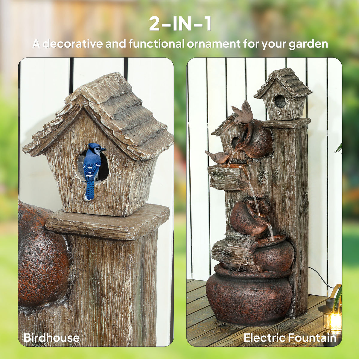 2-in-1 Resin Waterfall Fountain with Birdhouse and LED Lights, Tree Trunk Design - Multi-colour