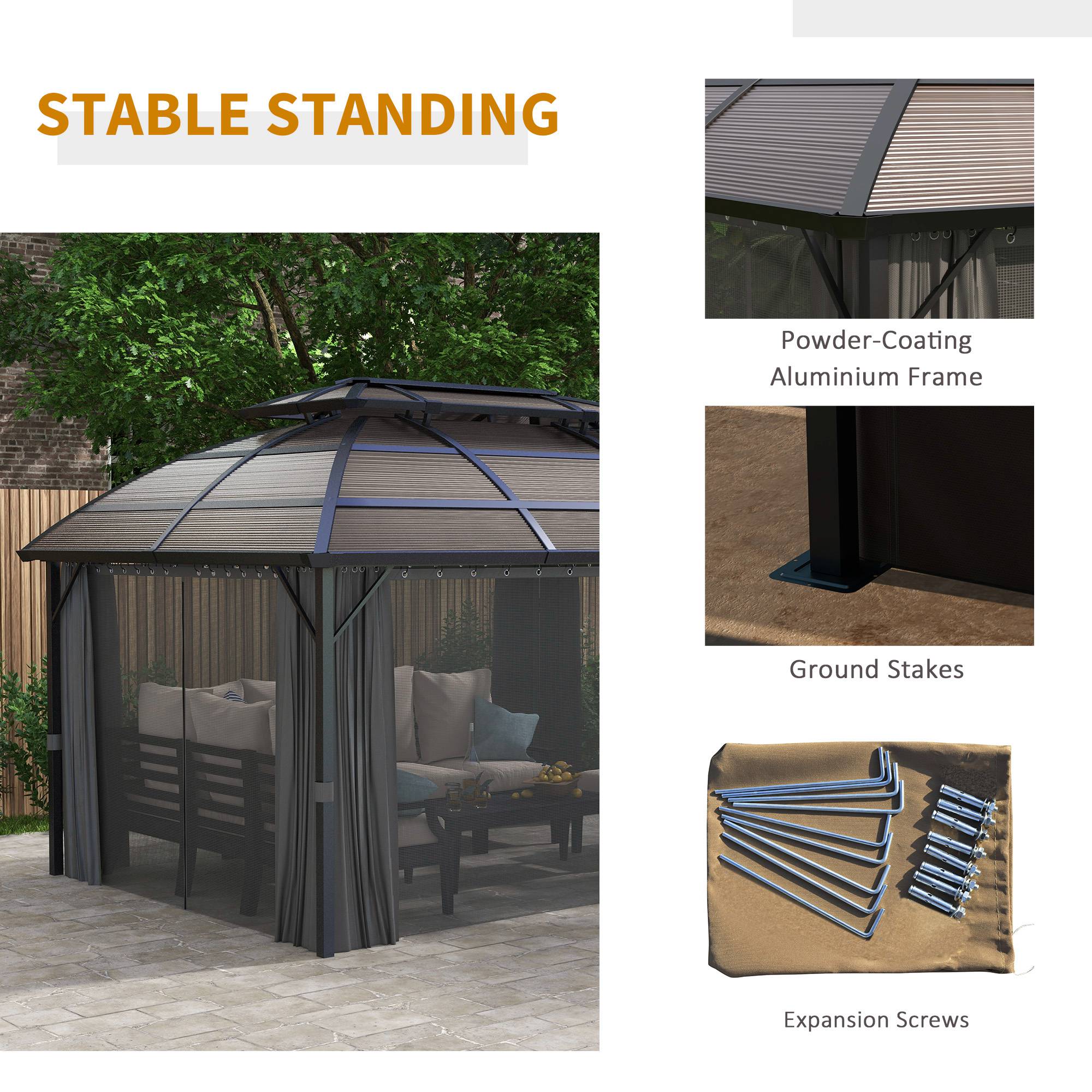 4 x 3m Aluminium Frame Hard Gazebo, with Accessories - Brown