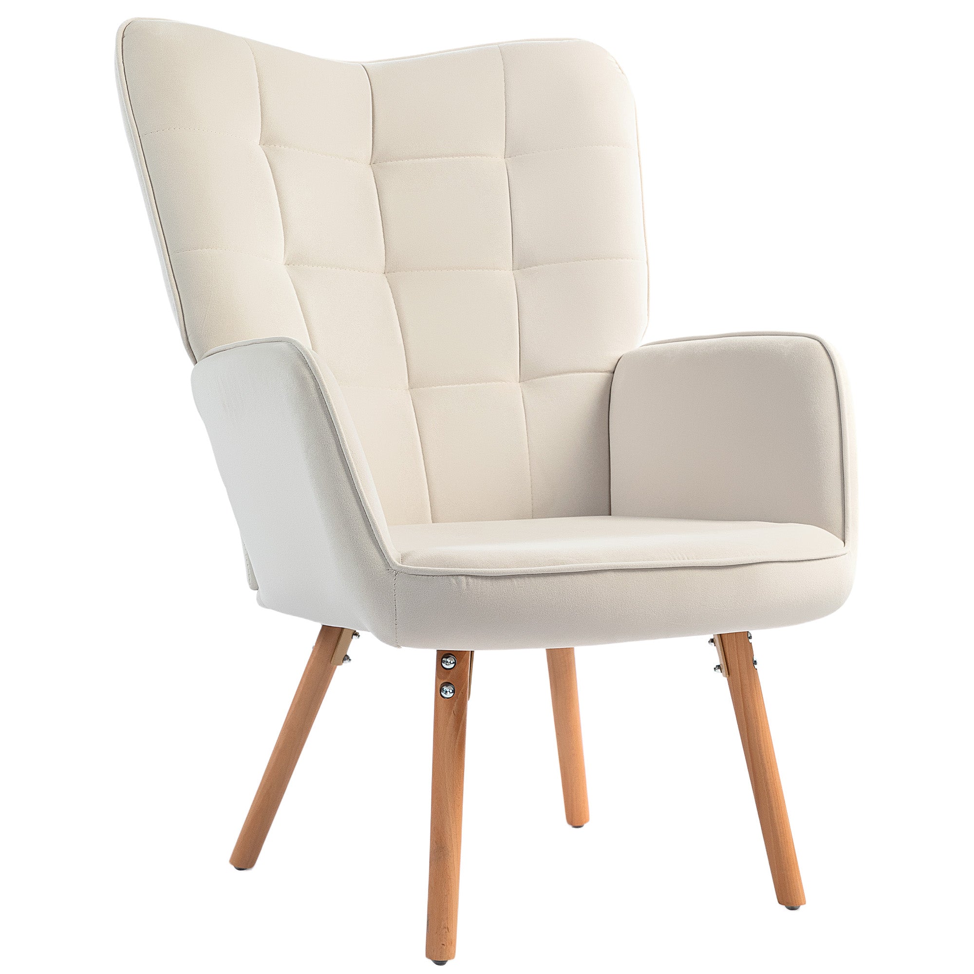 Modern Accent Chair Velvet-Touch Tufted Wingback Armchair Upholstered Leisure Lounge Sofa Club Chair with Wood Legs, Cream White