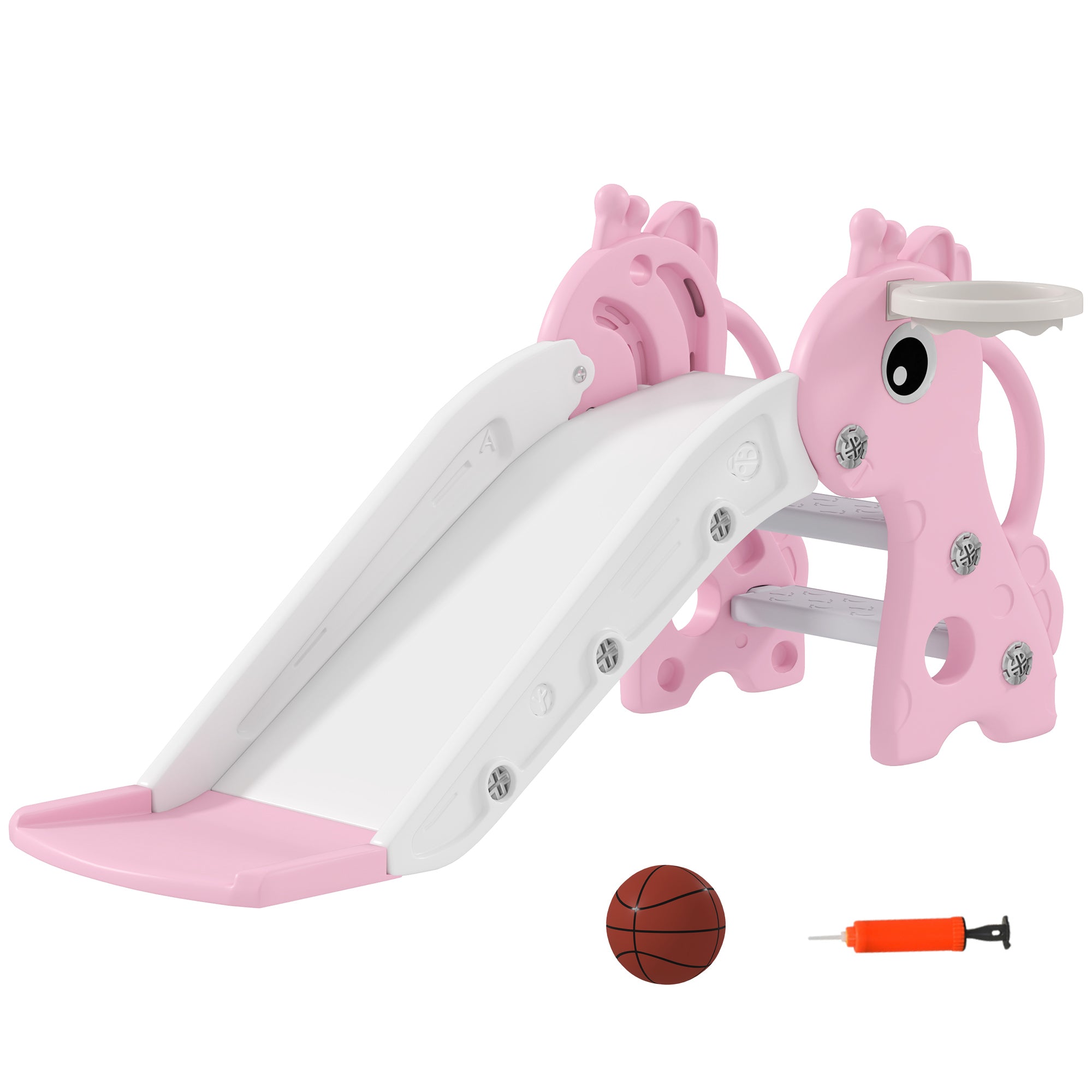 3 in 1 Kids Slide with Climber, Basketball Hoop and Ball, Giraffe Shape Climber Slide for Indoor Kids Age 1-3, Pink