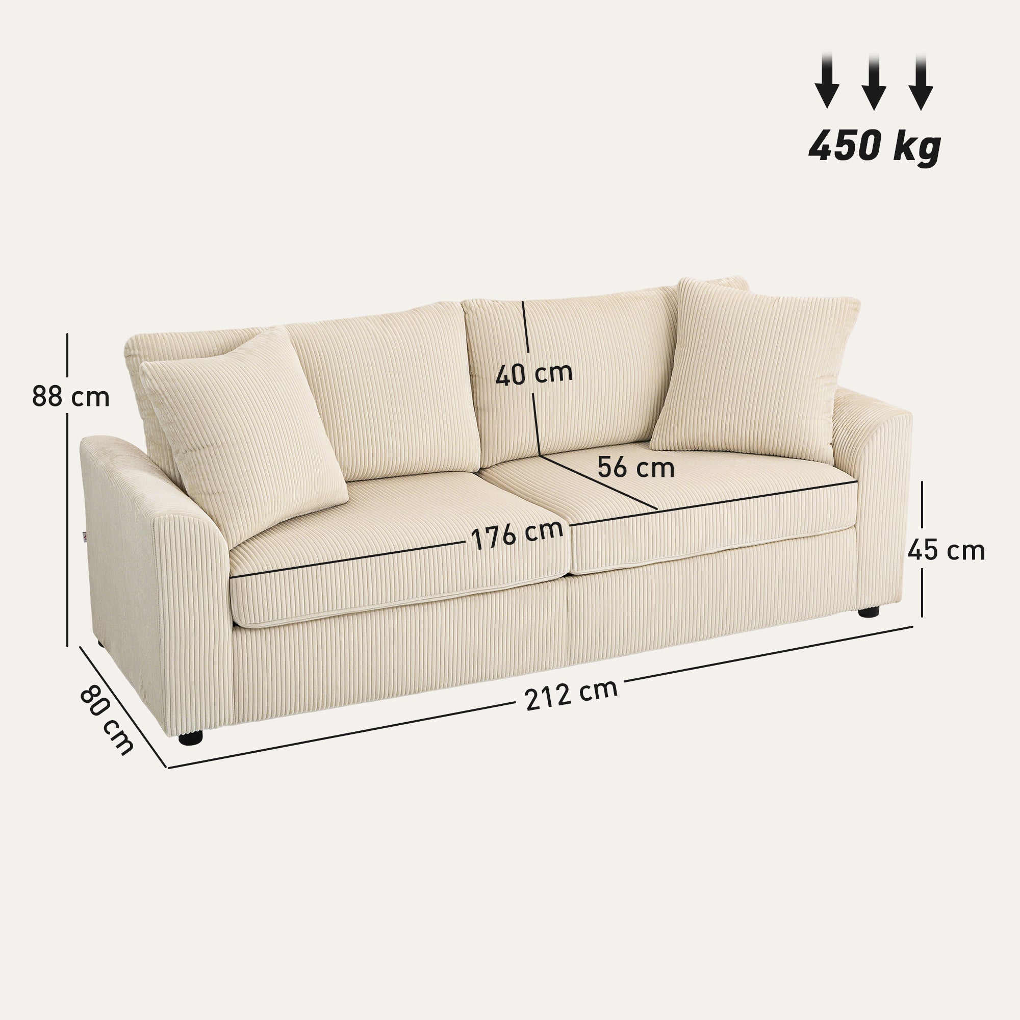 Modern 3 Seater Sofa with Spring Cushion, 212 cm Fabric Jumbo Cord Sofa Couch with 2 Scatter Cushions, Upholstered Corduroy Settee for Living Room, Bedroom, Home Office, Cream White
