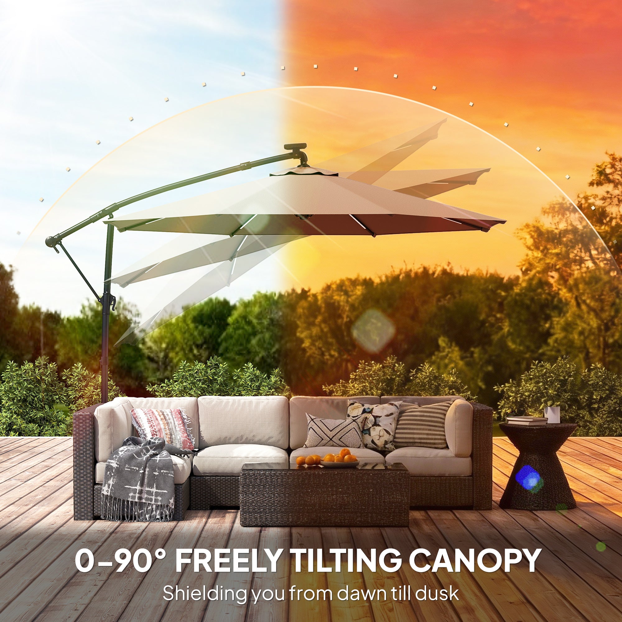 3 m Garden Cantilever Parasol with LED Solar Light, Round Overhanging Umbrella with 360° Rotation, Cover, Grey
