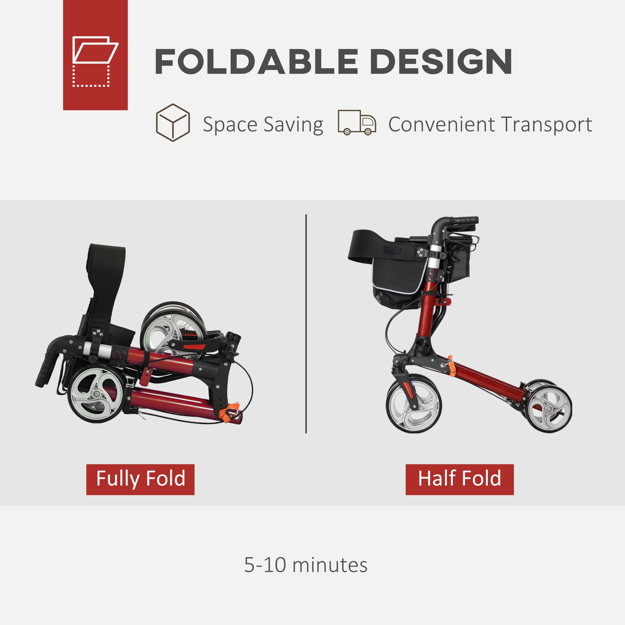 Folding Rollator Walker with Seat and Backrest, Lightweight Walking Frame with Storage Bag, Dual Brakes, Adjustable Handle Height, Cane Holder, 4 Wheeled Walker for Seniors, Red