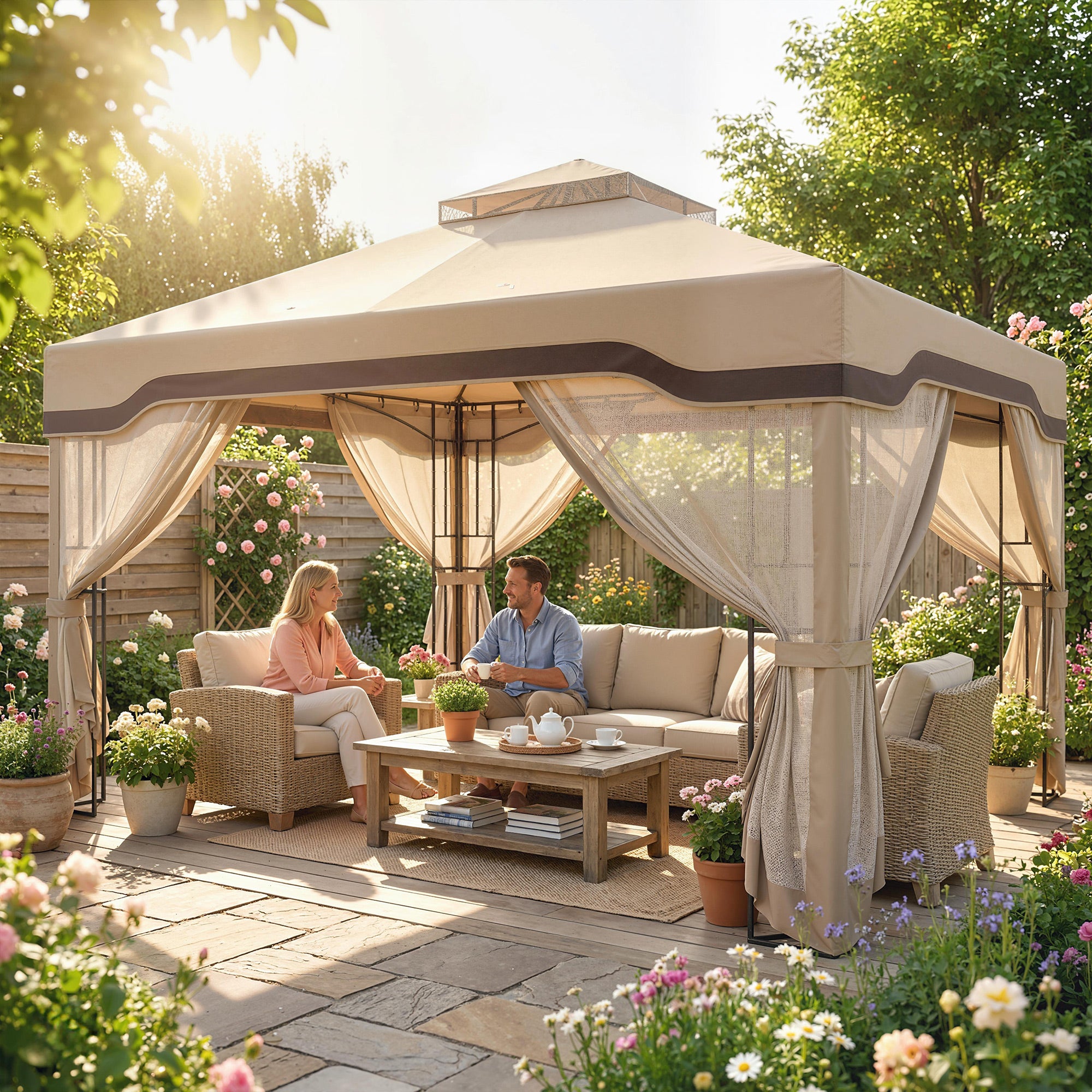 3 x 3.6 m Outdoor Garden Gazebo with Post Shelves, UPF50+ Patio Permanent Pavilion with Hook, Khaki