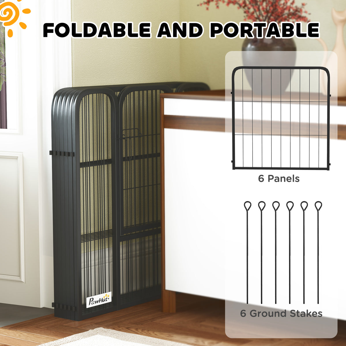 Heavy Duty 6-Panel Dog Playpen with Secure Door 60cm High for Indoor Outdoor - Black