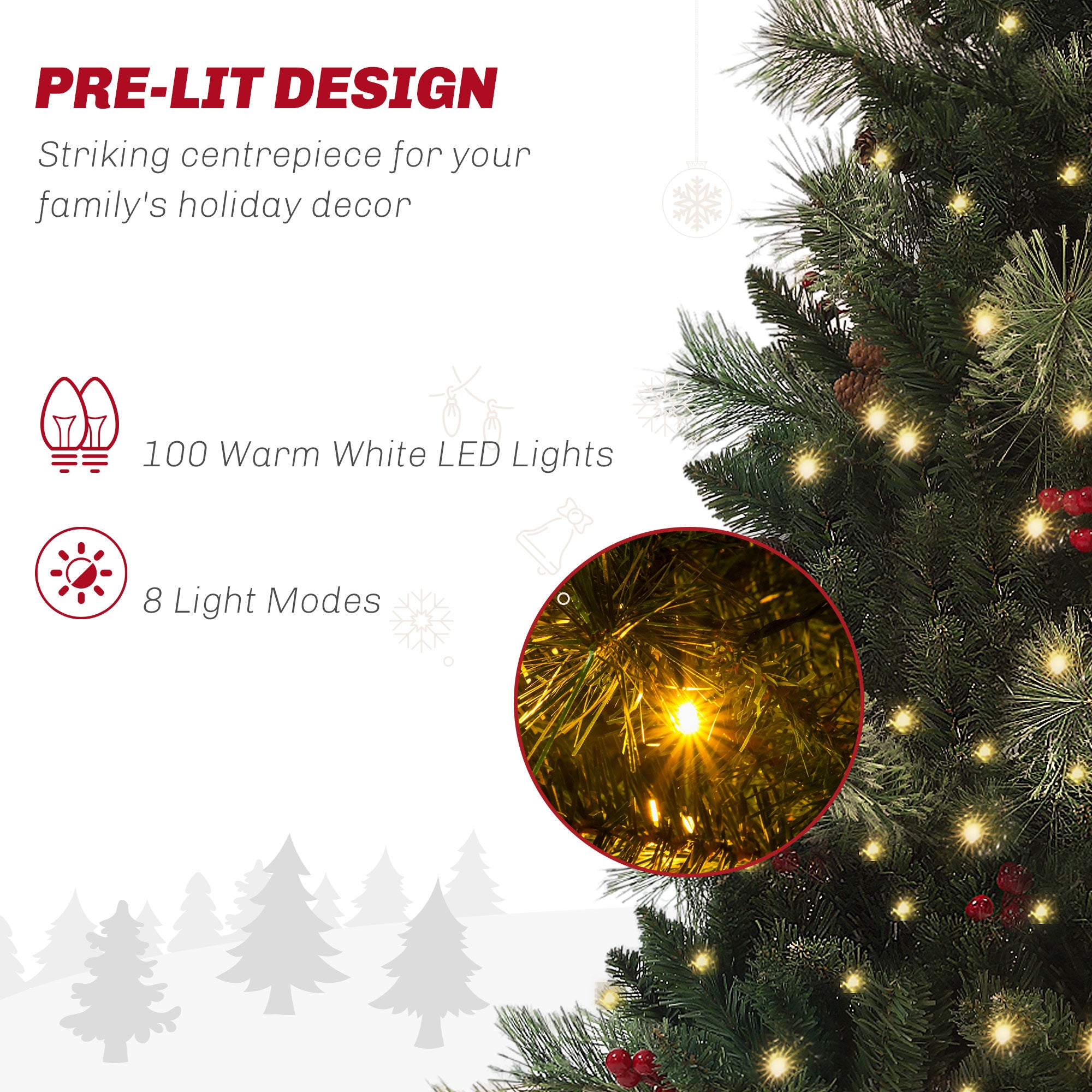 1.2m/4ft Artificial Christmas Tree with 100 Warm White LED Lights and 8 Modes, Small Xmas Tree with Red Berries, Pine Cones and Retro Base, Green