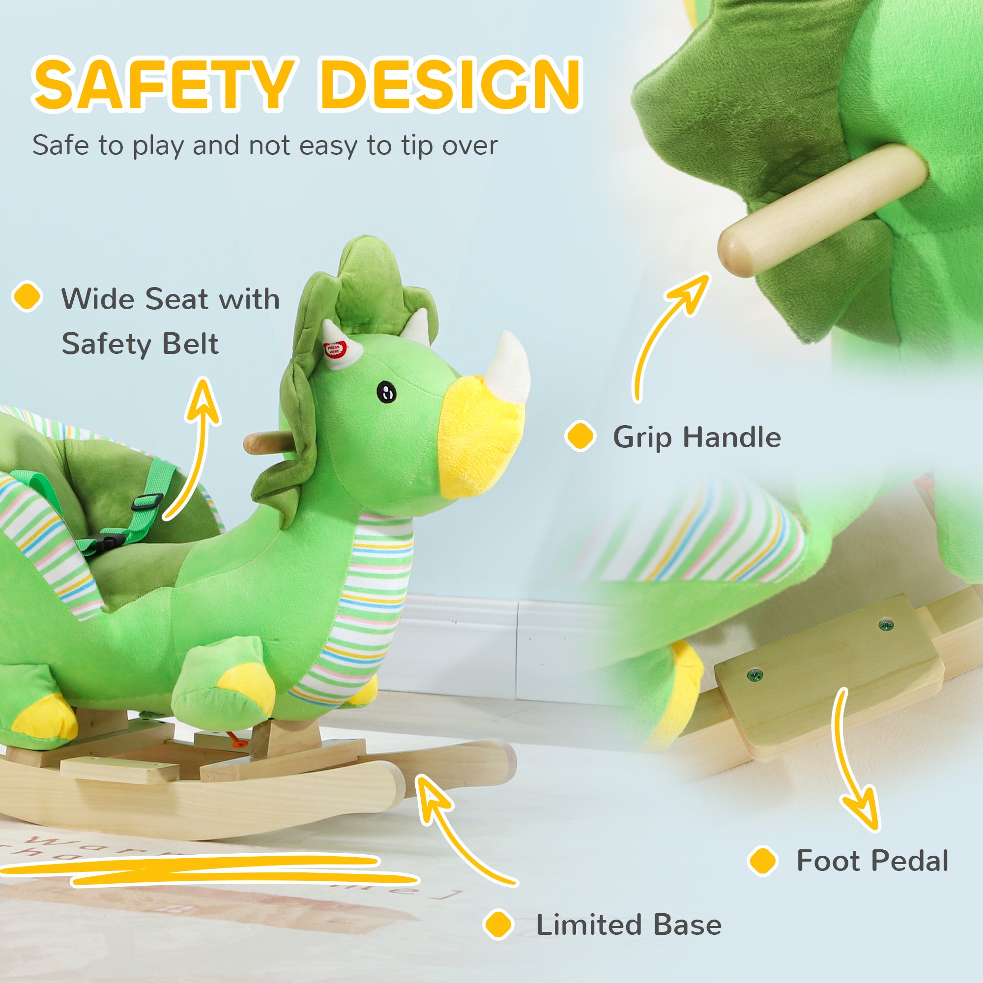 Baby Rocking Dinosaur with Animal Sounds, Safety Belt, Wooden Base, for Toddlers 18-36 Months, Green