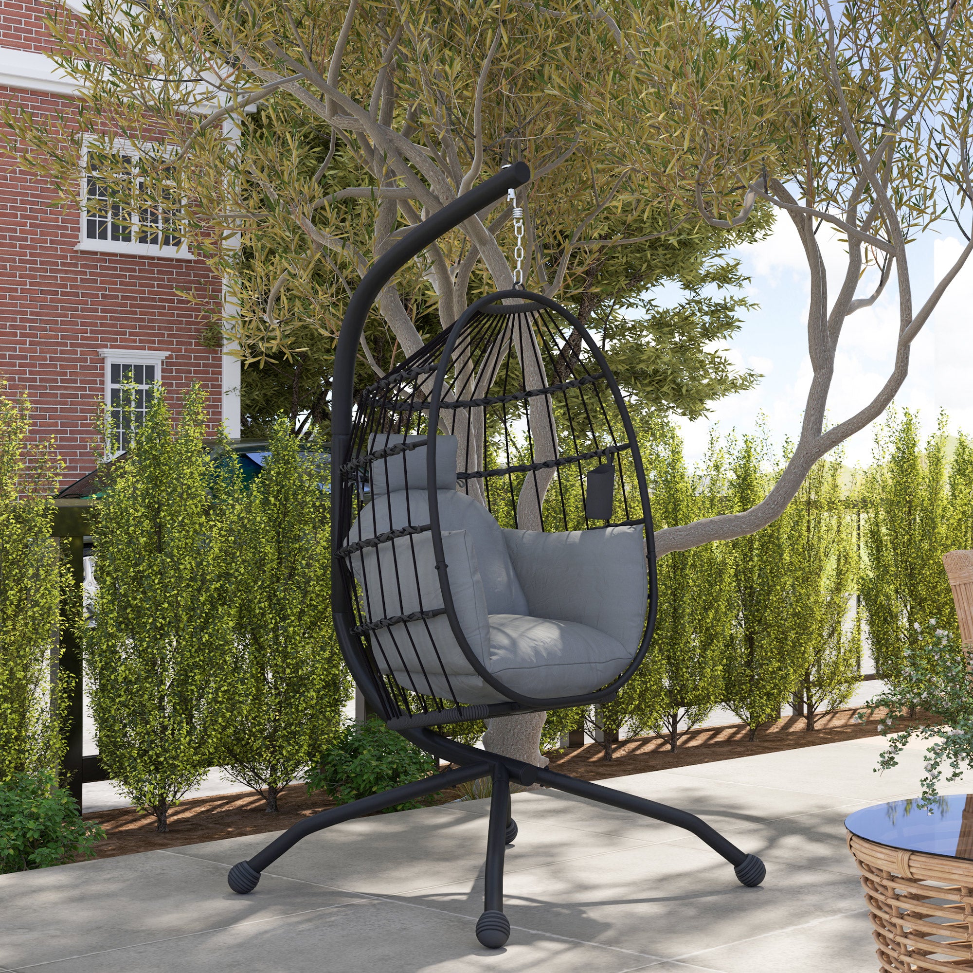 Hanging Egg Swing Chair with Folding Basket, Cushion, Headrest & Cup Holder for Indoor Outdoor Patio Garden - Dark Grey