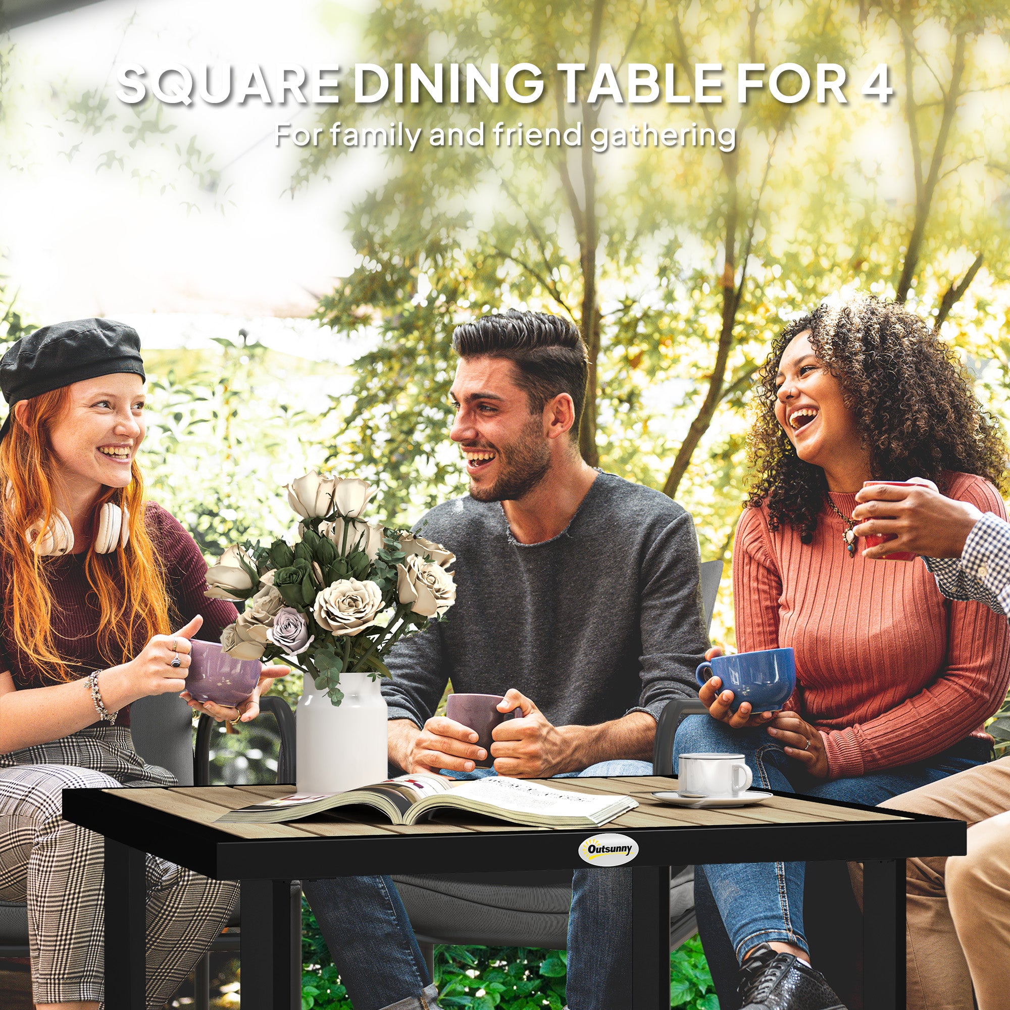 4 Seater Square Garden Dining Table with Parasol Hole - Brown