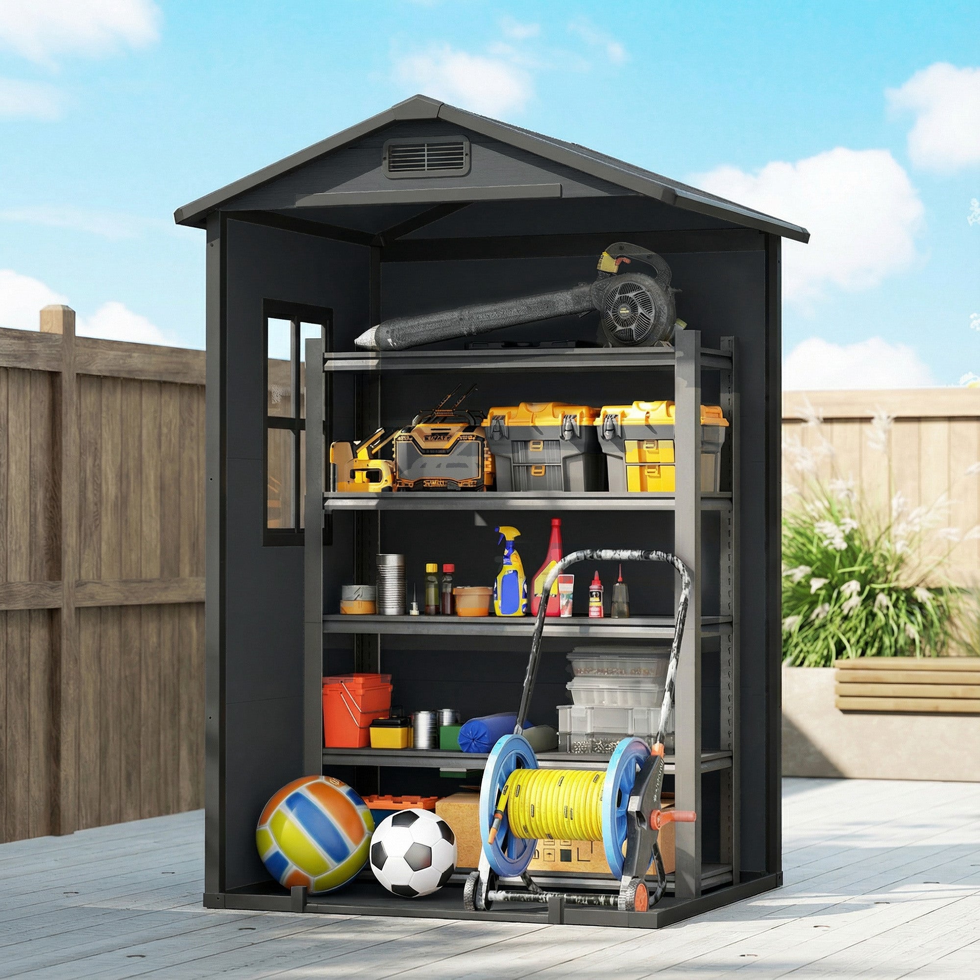 4 x 3 ft Plastic Garden Shed with Floor, Outdoor Storage Shed with Lockable Door, Window and Vent, Dark Grey
