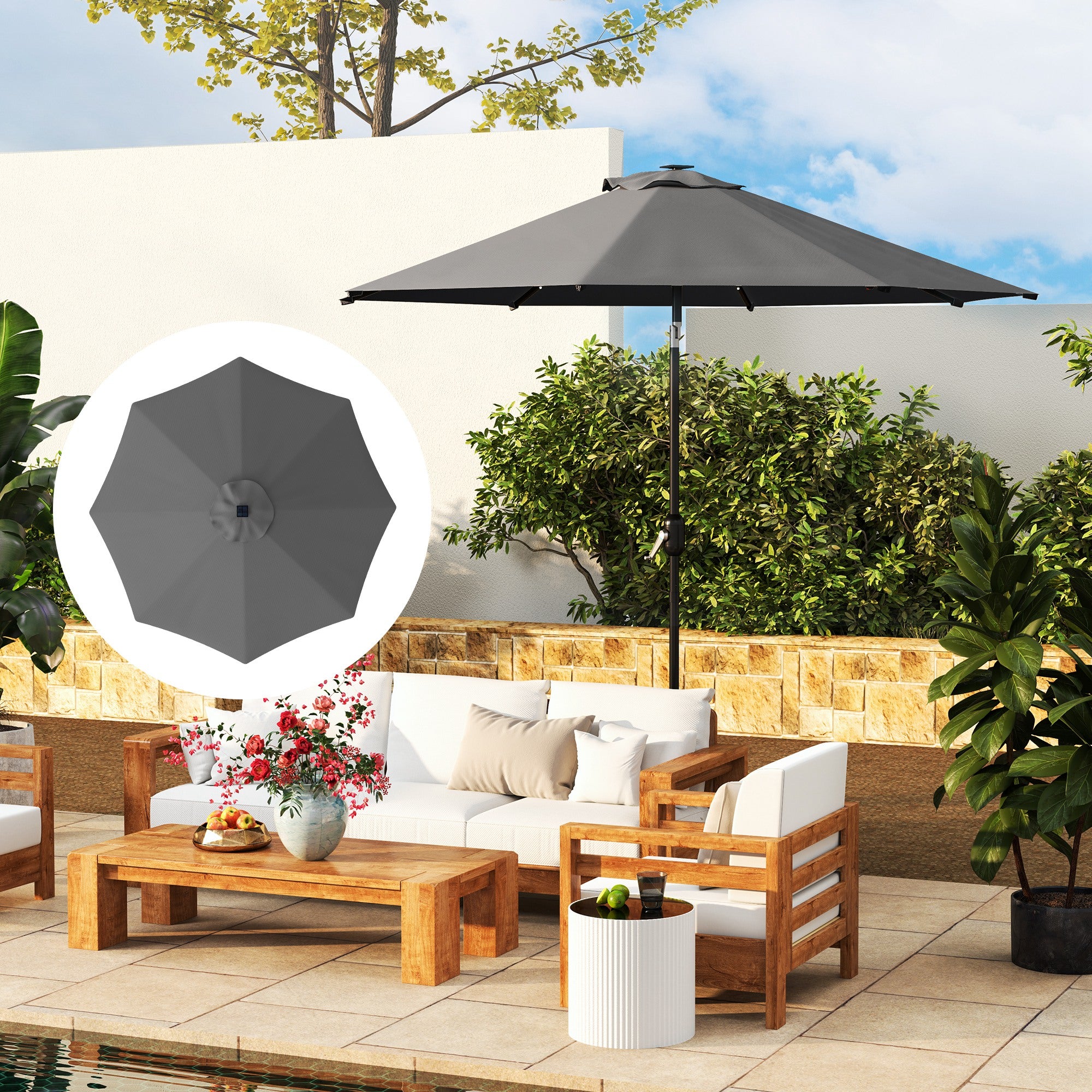 3m UPF 50+ Replacement Parasol Canopy with Vent, Fits 8 Rib Frames up to 300cm - Grey