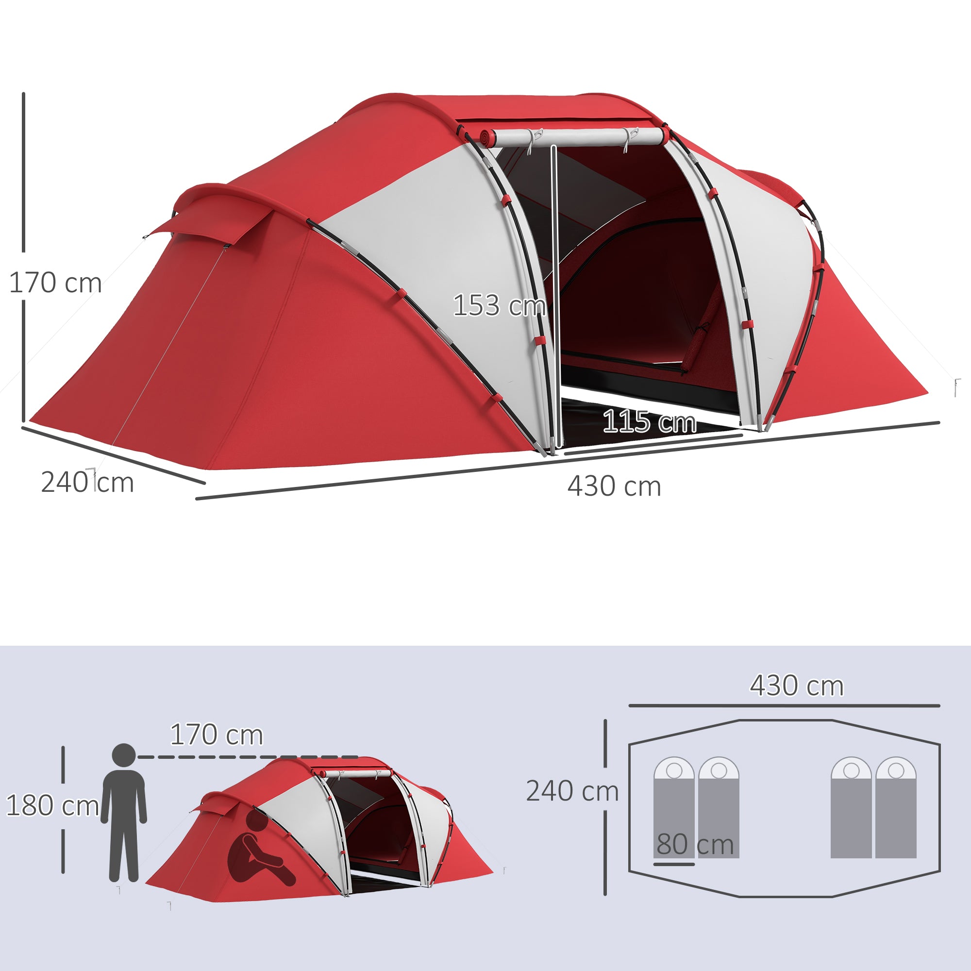 4-6 Man UV Protection Camping Tent - Grey and Red