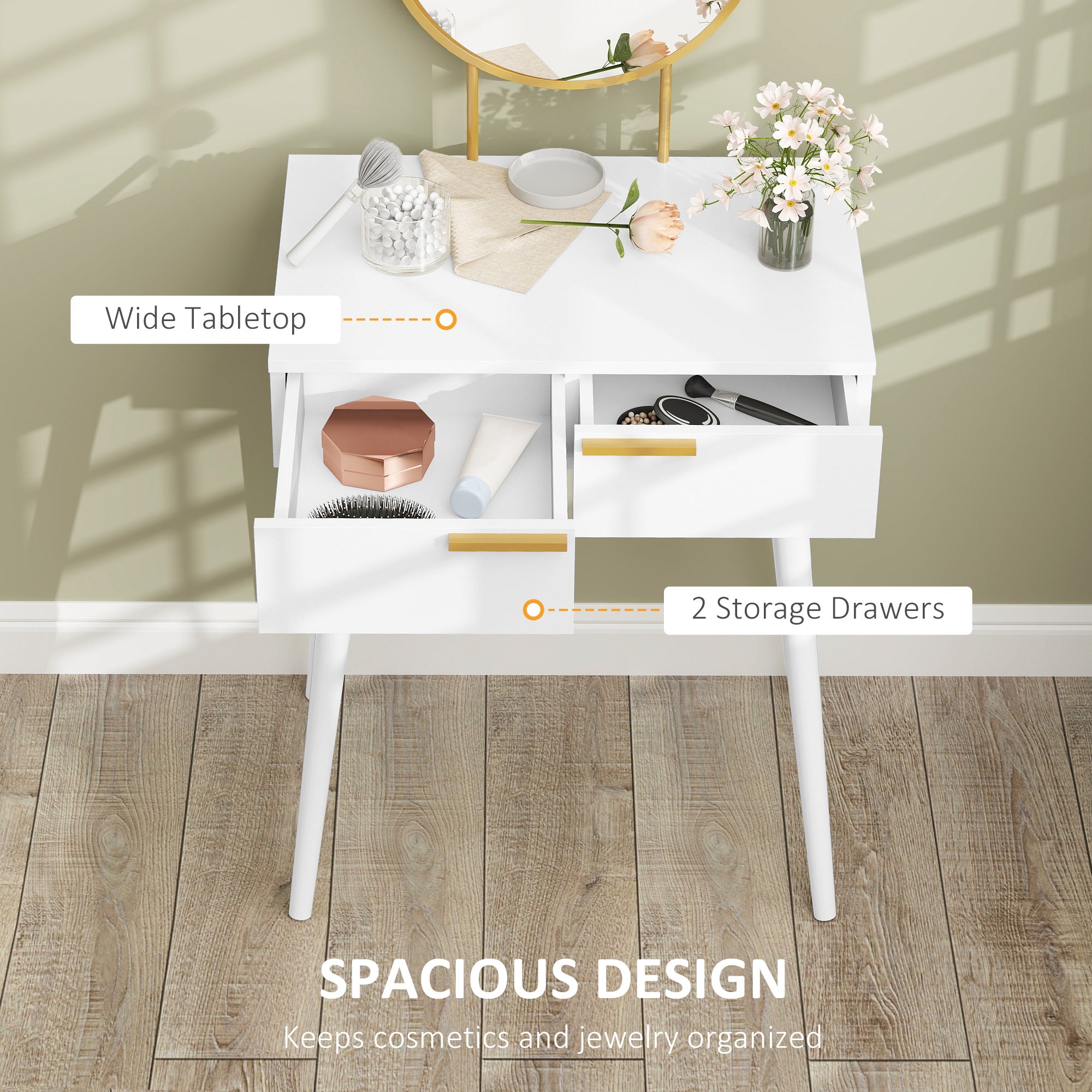 Elegant Dressing Table, with Round Mirror, 60 x 40 x 123 cm - White