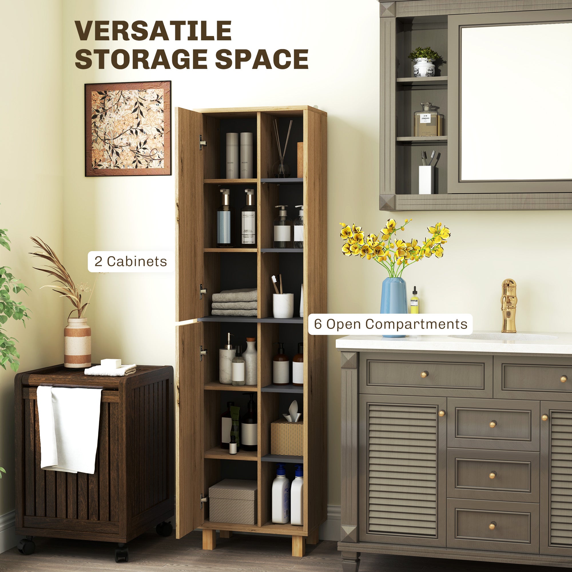 Multi-Storage Slim Bathroom Cabinet - Wood-Effect