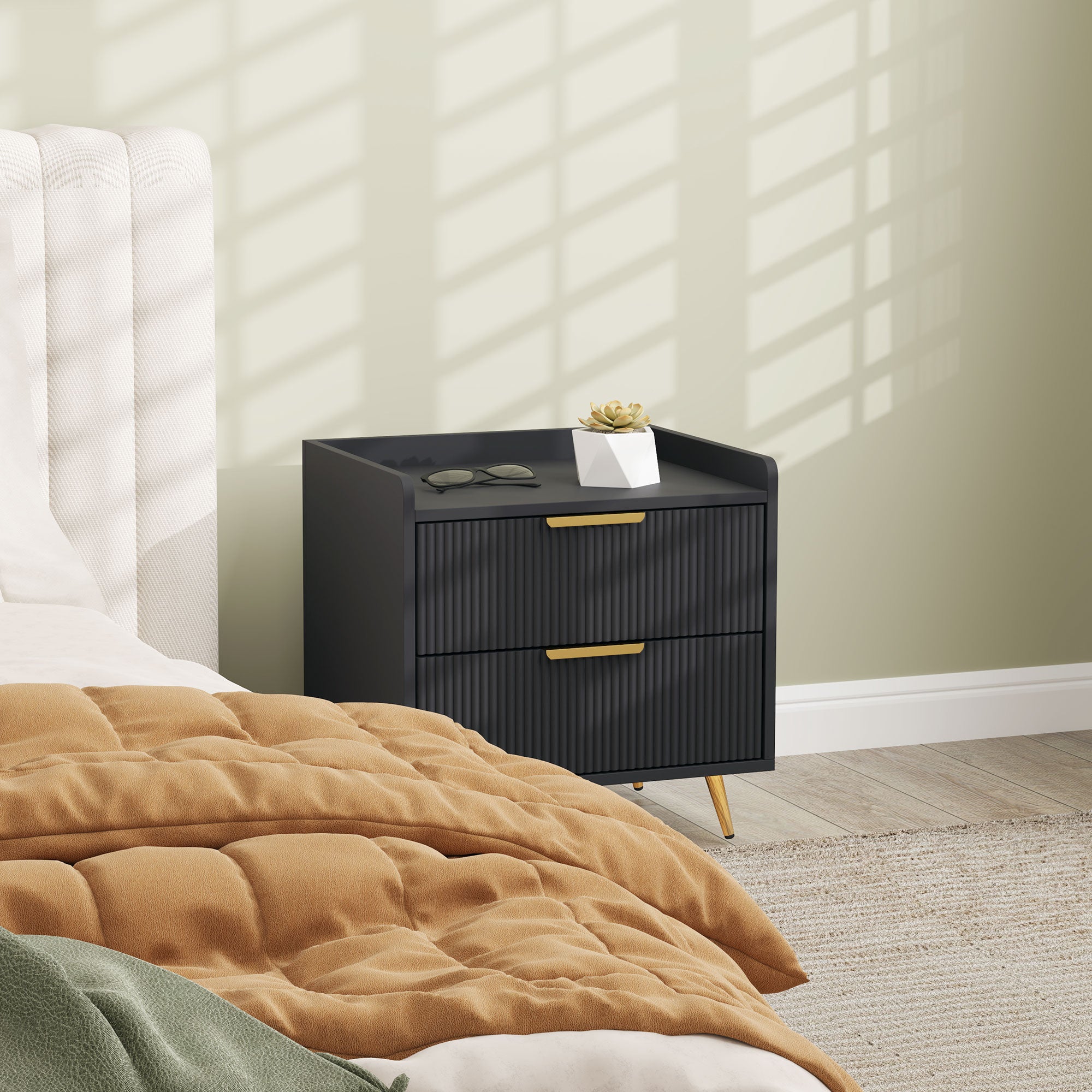 Elegant Two-Drawer Bedside Table with Gold Handles - Black