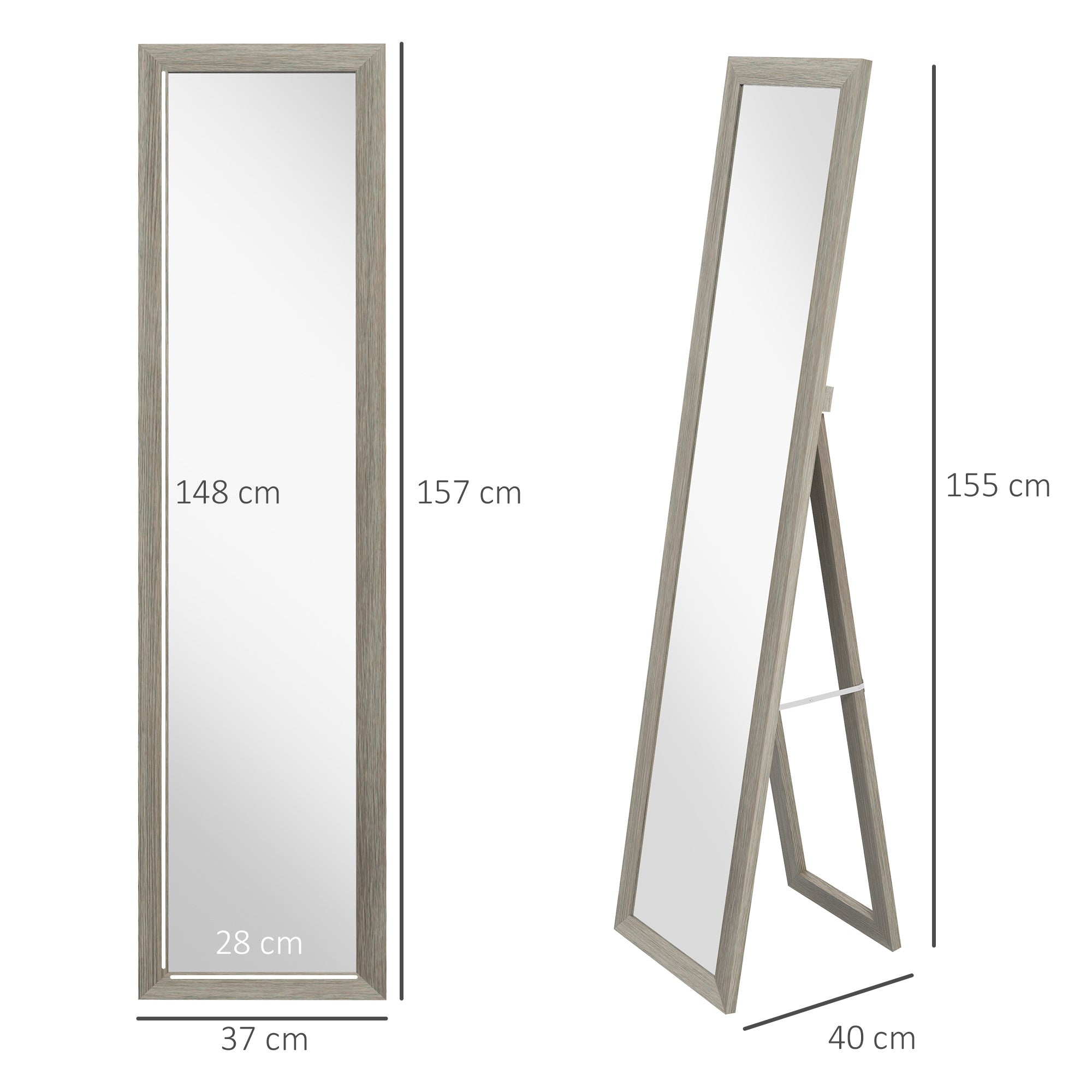Full Length Mirror, 37 x 157 cm, Hanging or Freestanding, Rectangular Full Body Mirror for Living Room, Bedroom, Grey
