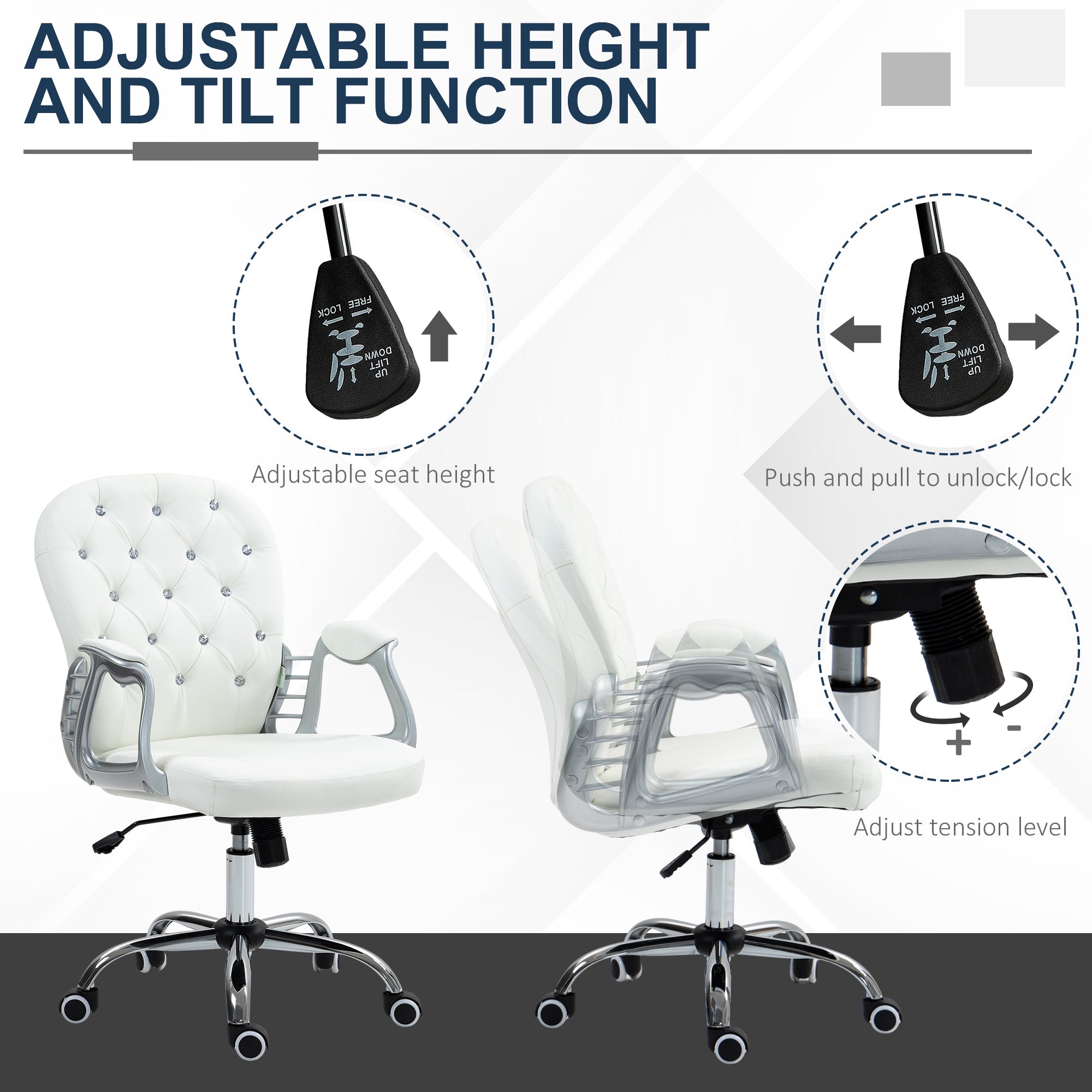 Office Chair Ergonomic 360° Swivel PU Diamante Padded Base 5 Castor Wheels for Home Work White