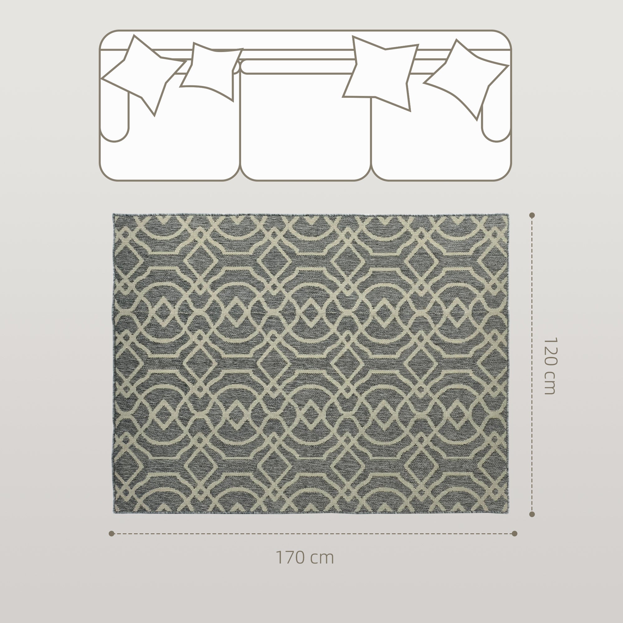 UV Resistant Indoor & Outdoor Area Rug, Easy-Cleaning Machine Washable Rug with Geometric Pattern for Patio, Garden, Kitchen, Bathroom or Living Room, 170 x 120 cm, Grey