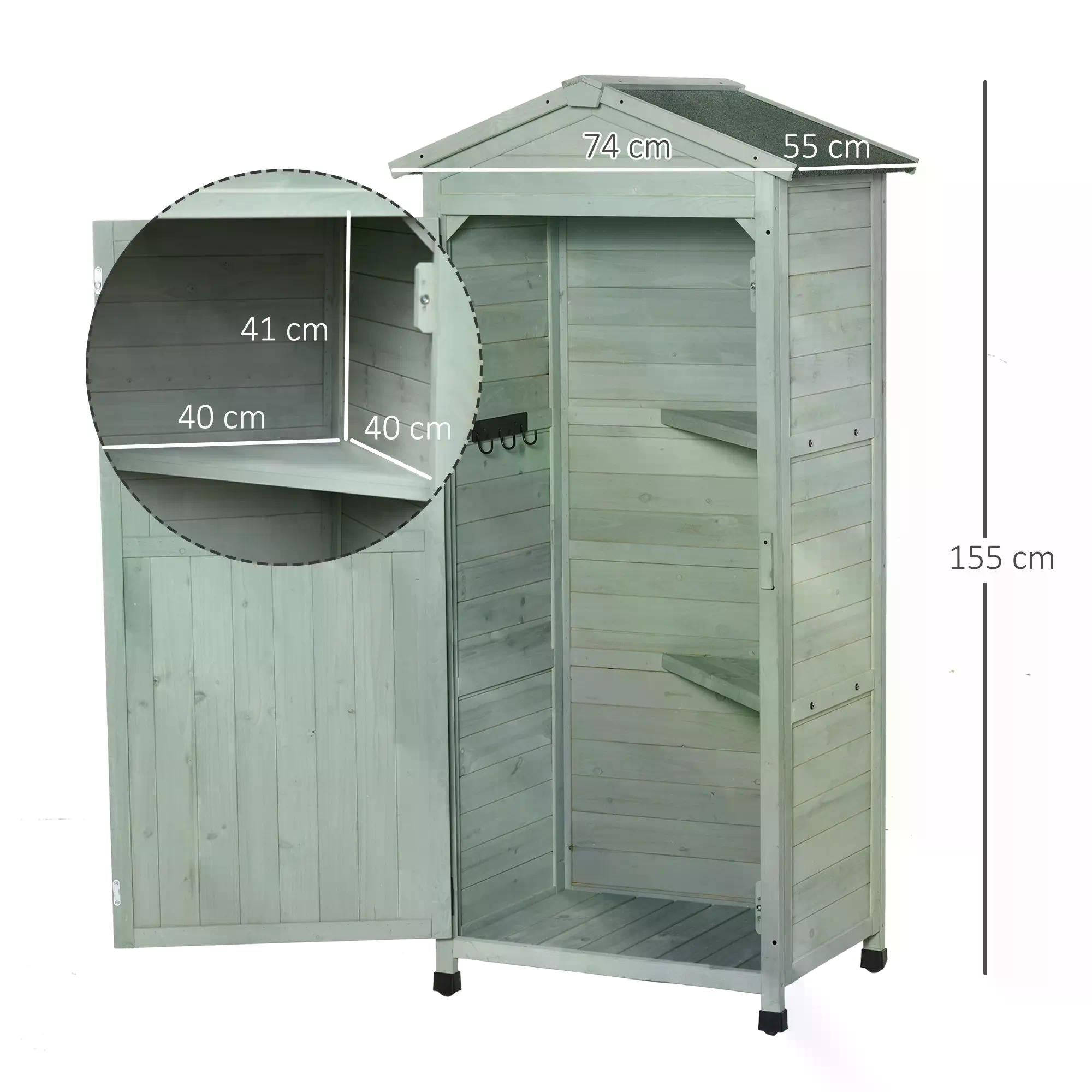 Wooden Garden Shed, Outdoor Storage Cabinet with 2 Shelves and Hooks, Locking Organiser Outdoor Narrow Tool House, 74x55x155cm, Green