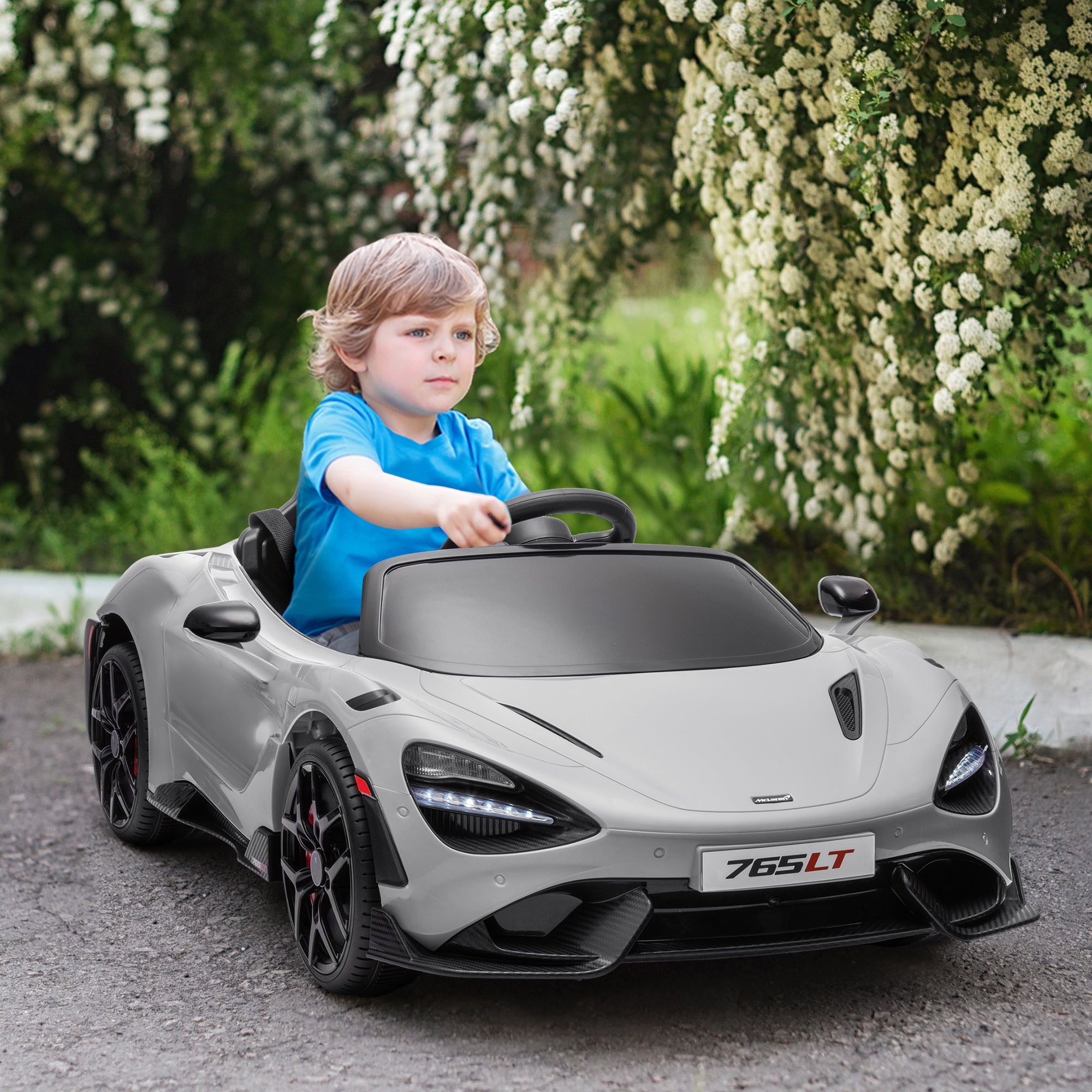 McLaren 765LT Licensed 12V Kids Electric Ride on Car with Butterfly Doors Remote Control Transport Wheels Grey