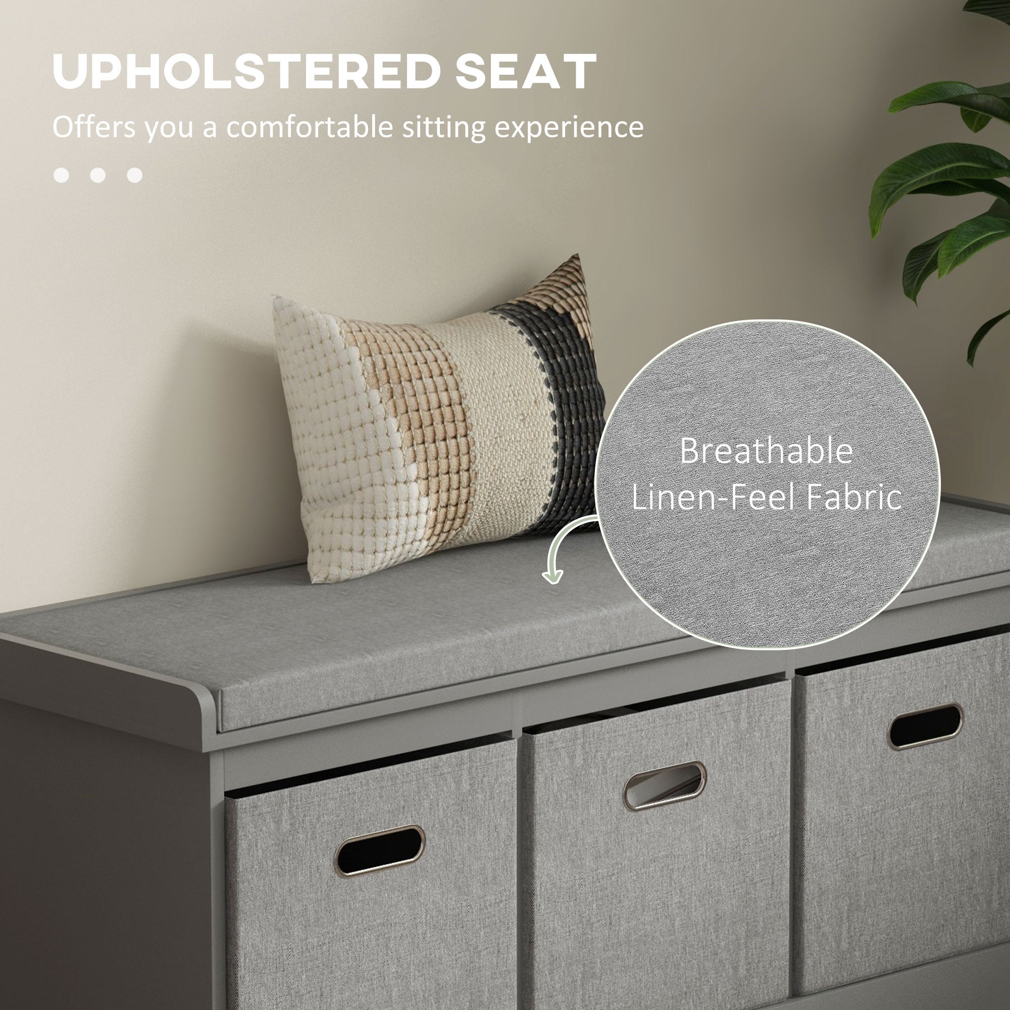 Three-Drawer Shoe Storage Bench, with Padded Top Seat - Grey