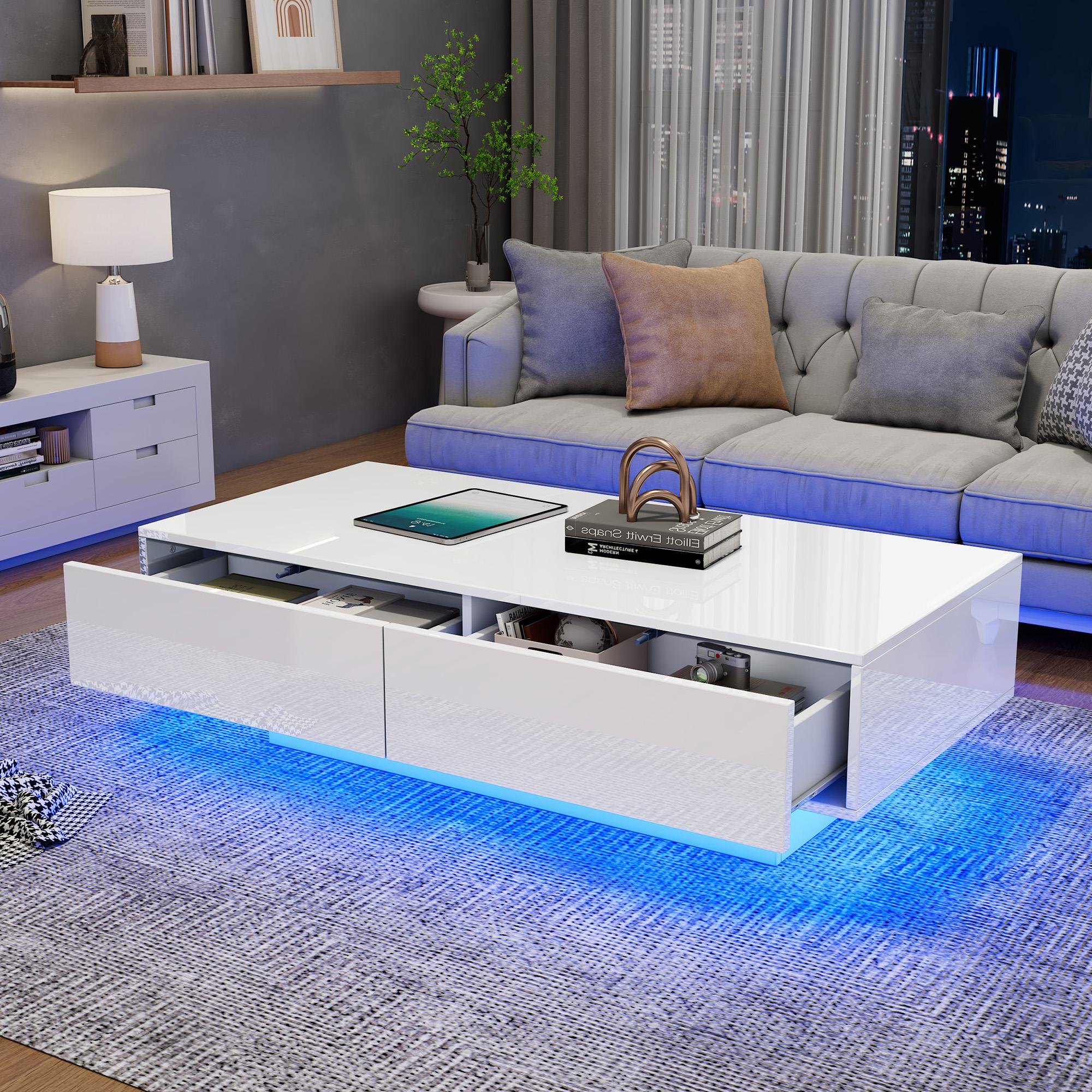 High Gloss LED Coffee Table with 2 Drawers and Bluetooth Control, Tea Table with Particle Board, 115L x 55W x 34H cm, White