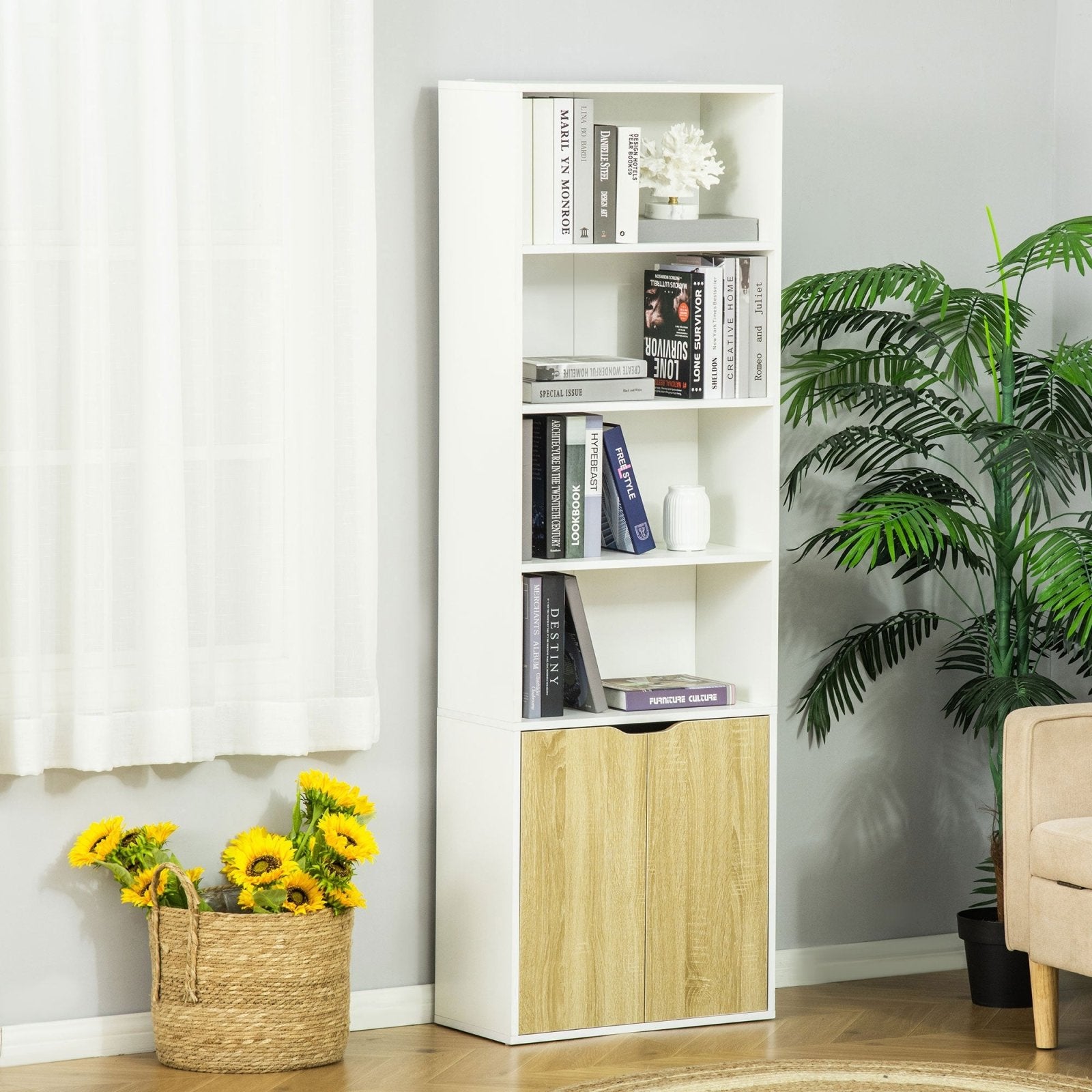 2 Door 4 Shelves Tall Bookcase Modern Storage Cupboard Display Unit for Living Room Study Bedroom Home Office Furniture White and Oak - Bedzy UK modern and affordable home furniture England