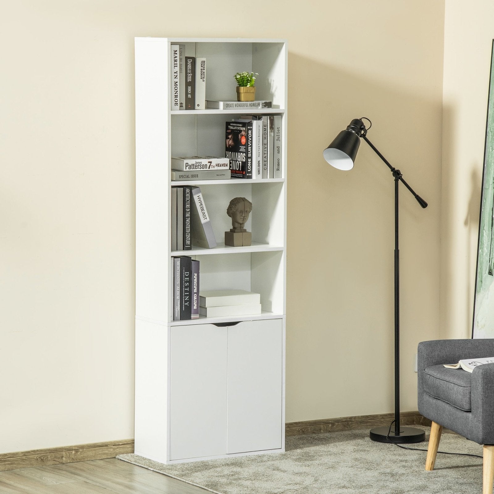 2 Door 4 Shelves Tall Bookcase Modern Storage Cupboard Display Unit for Living Room Study Bedroom Home Office Furniture White - Bedzy UK modern and affordable home furniture England