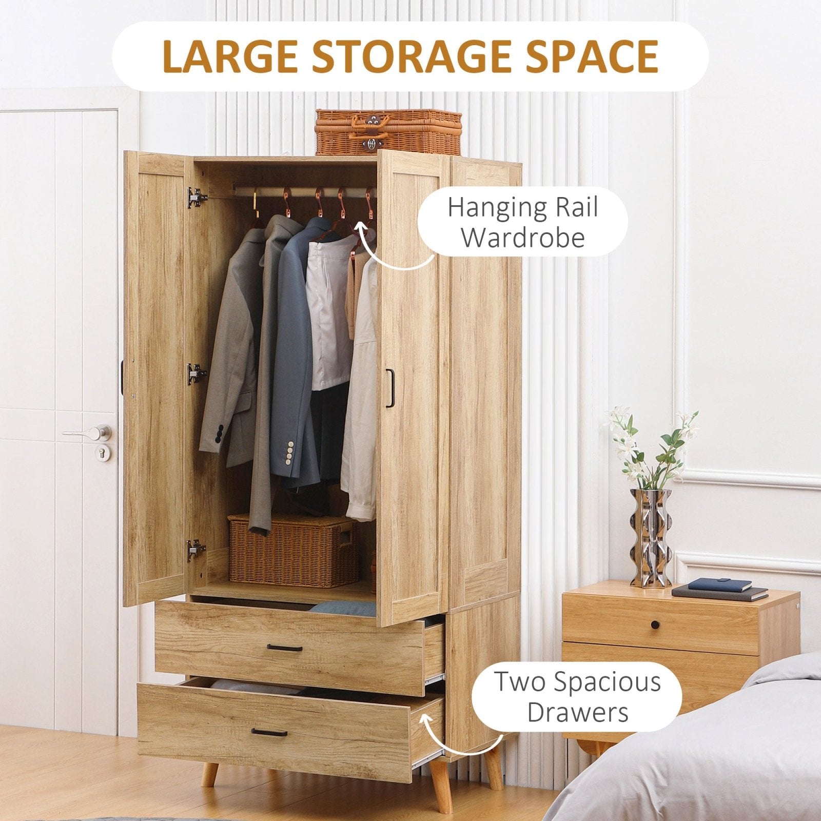 2 Door Wardrobe, Modern Wardrobe with 2 Drawer and Hanging Rail for Bedroom, Natural - Bedzy UK modern and affordable home furniture England