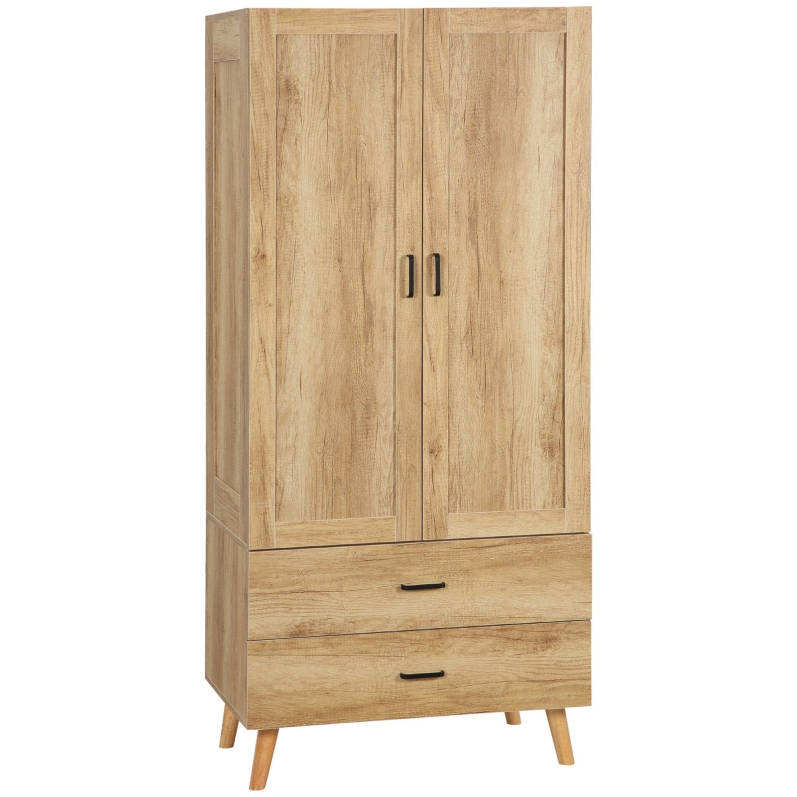 2 Door Wardrobe, Modern Wardrobe with 2 Drawer and Hanging Rail for Bedroom, Natural - Bedzy UK modern and affordable home furniture England