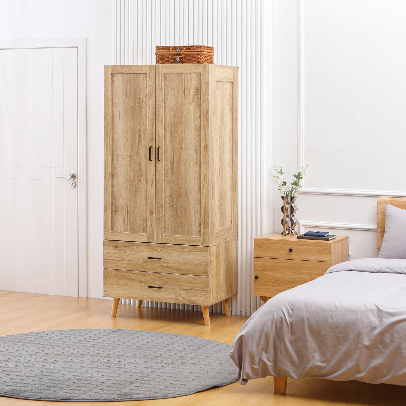 2 Door Wardrobe, Modern Wardrobe with 2 Drawer and Hanging Rail for Bedroom, Natural - Bedzy UK modern and affordable home furniture England