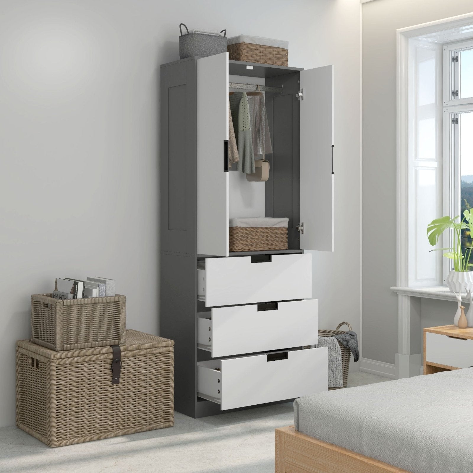 2 Door Wardrobe, Modern Wardrobe with 3 Drawers and Hanging Rod for Bedroom, Grey - Bedzy UK modern and affordable home furniture England